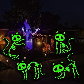 Halloween Yard Signs Glow in the Dark,4Pack Glow in the Dark Skeleton Black Cat Silhouette Lawn Signs,Lawn Yard Party Decorations,Cat Silhouette with Glow in Dark Skeletons