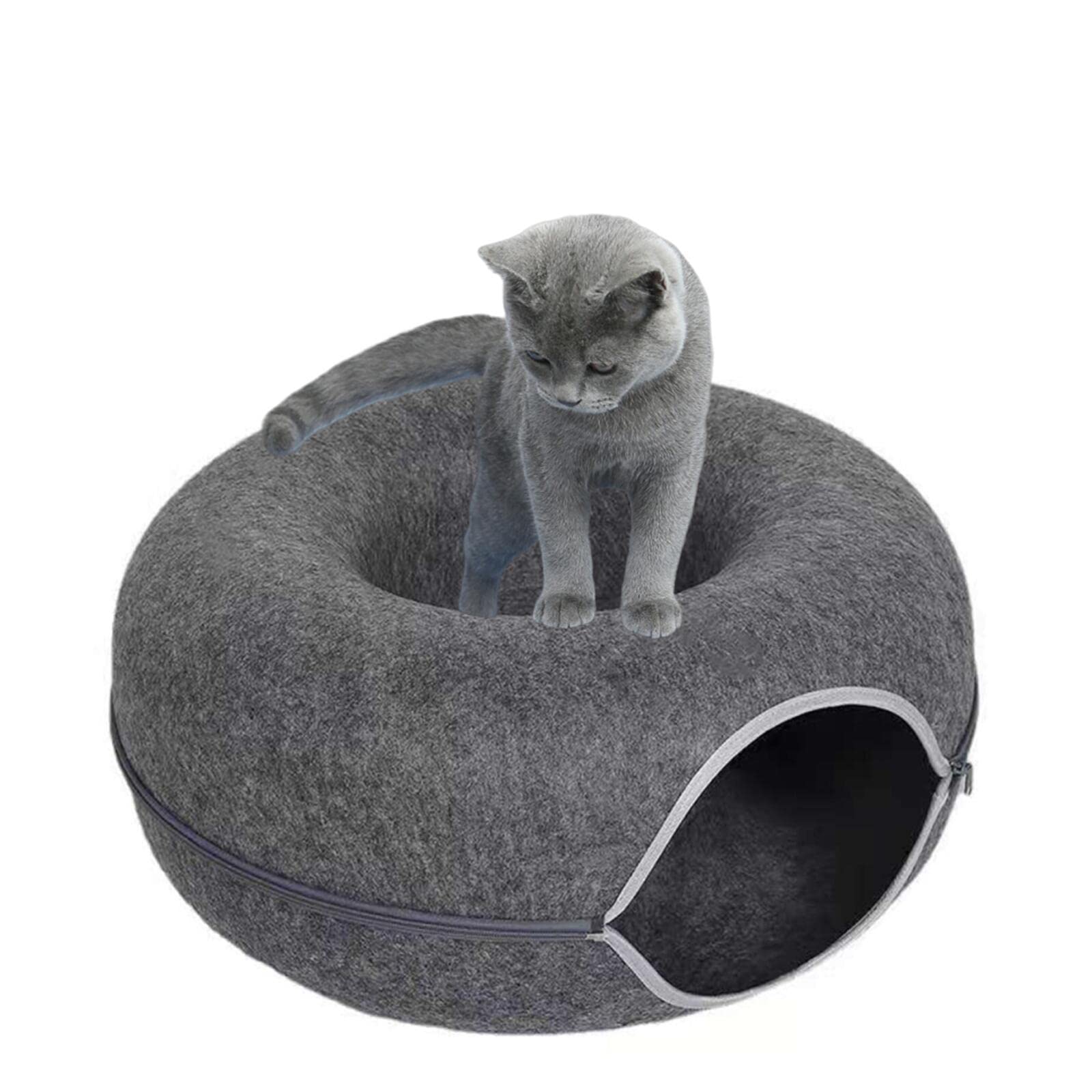 كهف للقطط من بيكابو، عش قطط قابل للإزالة بتصميم نفق من اللباد، عش للحيوانات الأليفة بتصميم حلوى دونات دائرية، سرير وكهف للقطط وكهف لجميع الفصول (كبير، داكن)