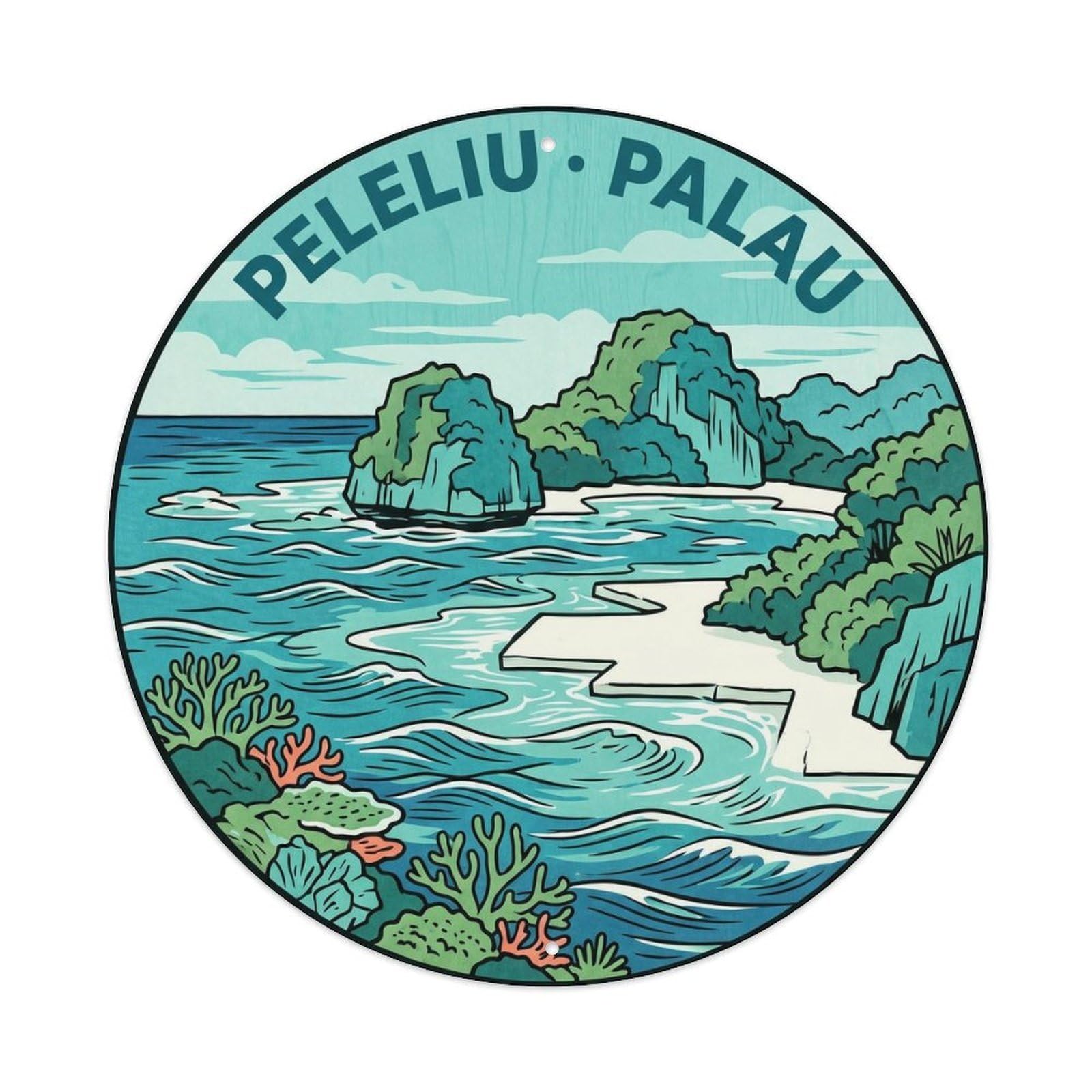 Olyhtr 8X8inch Classic Style Palau Peleliu Coral Beach Turquoise Woodblock Metal Tin Sign