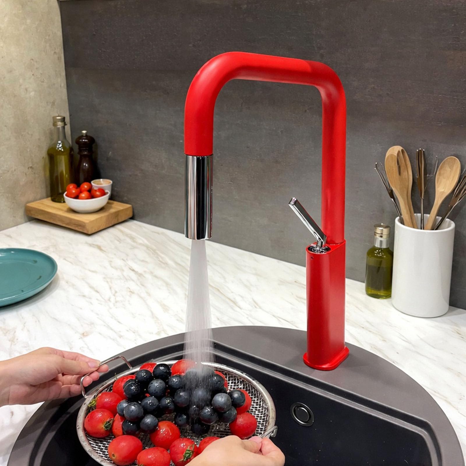 Grifo Cocina Monomando Caño Alto Extraíble Rotación de 360° Grifos para Fregadero de Cocina 2 Modos,rojo