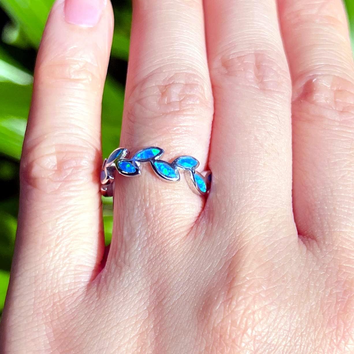 Sterling Silver Created Blue Opal Maile Leaf Olive Branch Stackable Wedding Ring Eternity Band