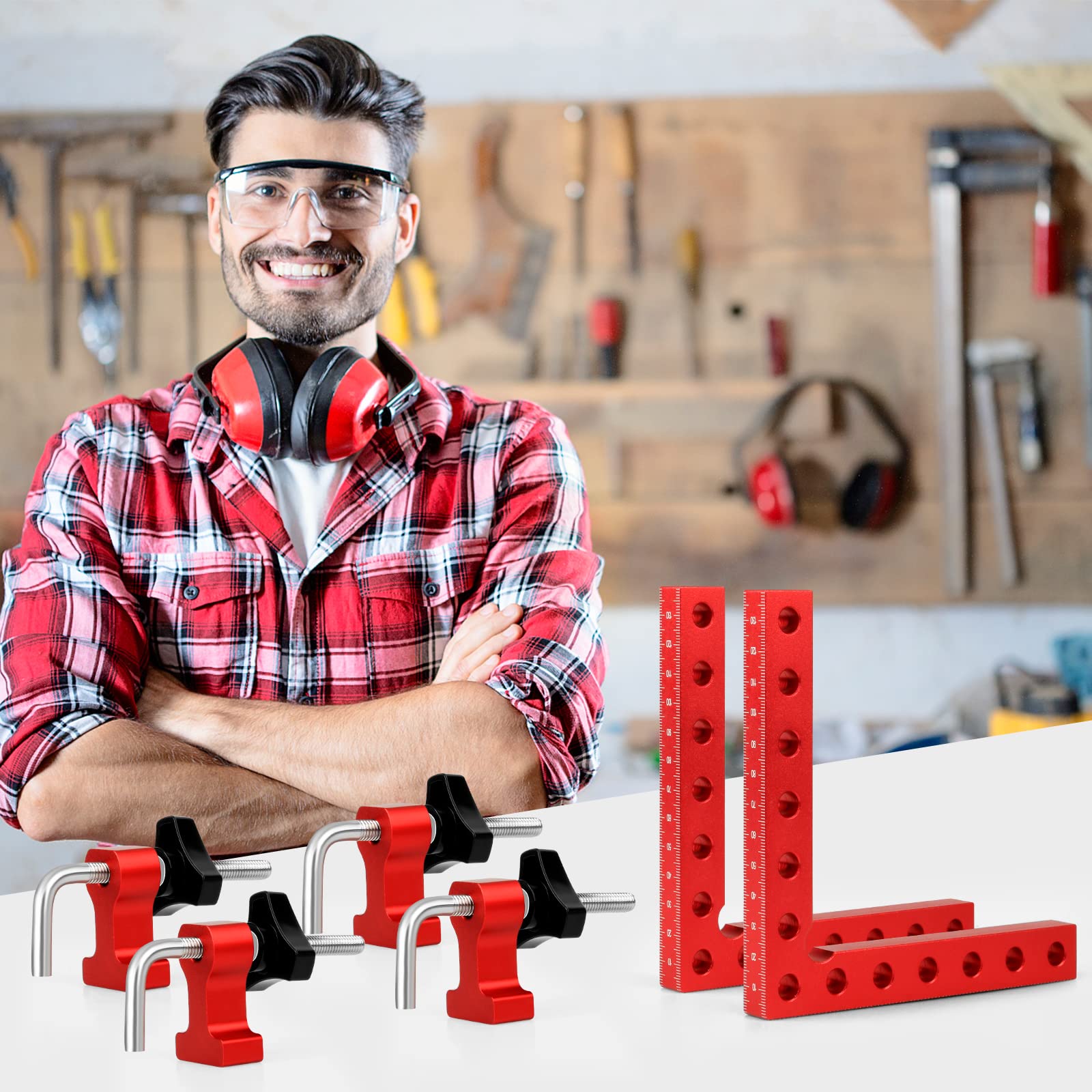 Pince à Angle Droit 90 Degrés, Serre Joint Angle Droit Aluminium 14 X 14 cm Equerre de Positionnemen Serre Cadre Fixation à Angle Outils de Travail du Bois, (Rouge 4 Pack)
