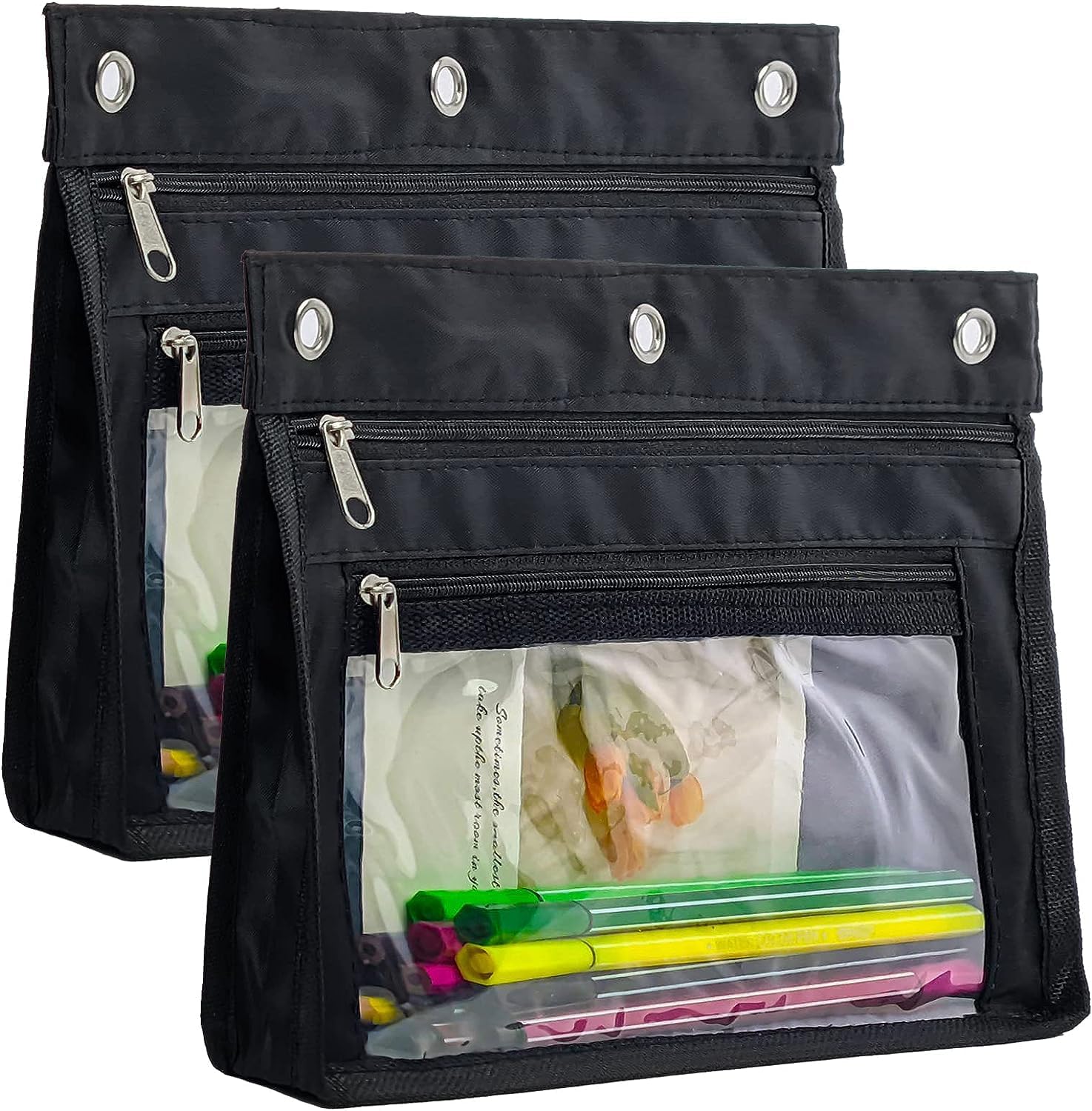 YoeeJob 2 Pack Expandable Pencil Pouches for 3 Ring Binders, Black
