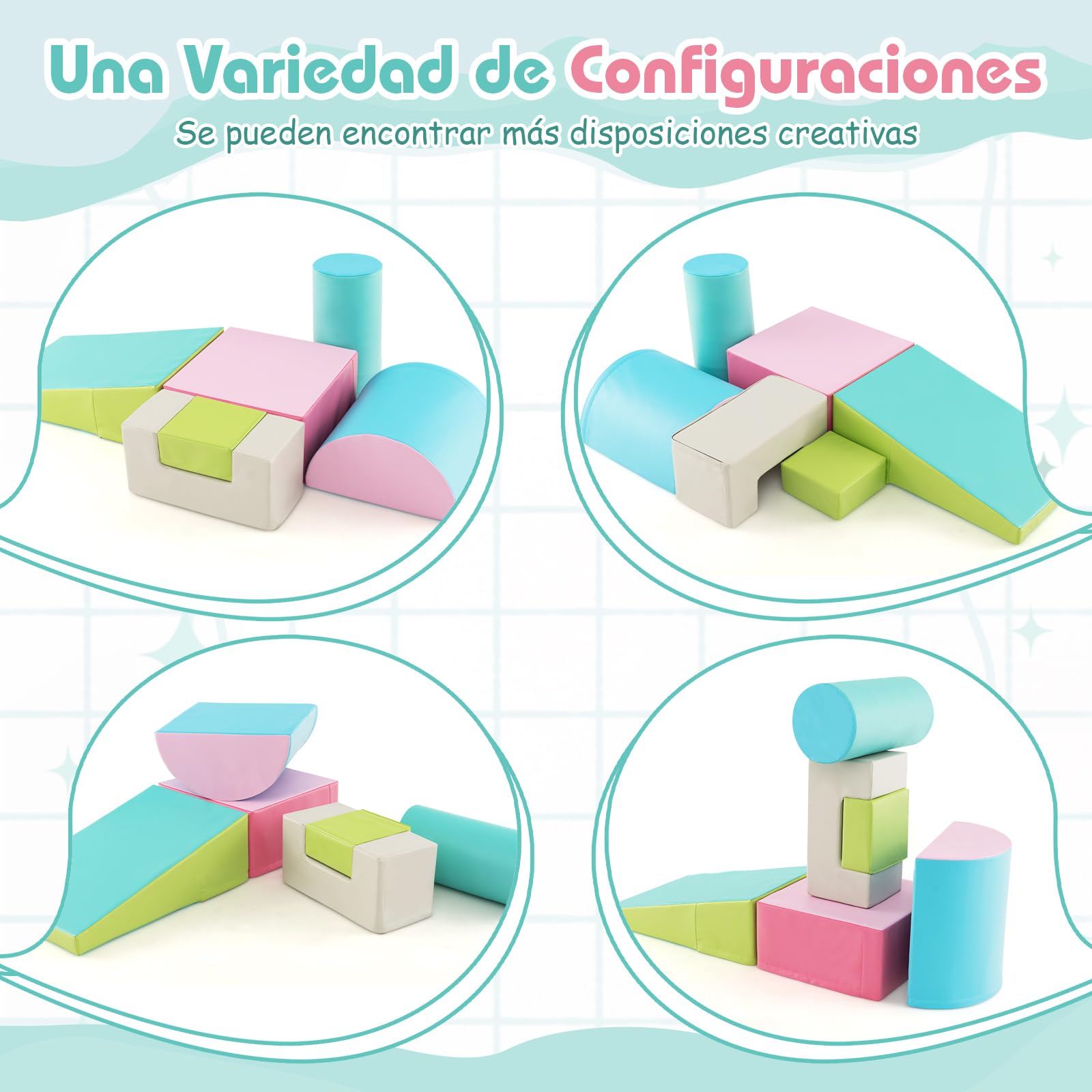 COSTWAY Juego de 6 Bloques de Espuma Grandes, Juego de Juguete para Aprendizaje para Niños de 1-3 Años, con Rectángulos, Cilindro, Media Luna, Cuña, Cóncavo, con Cubierta de PU (Verde y Rosa)