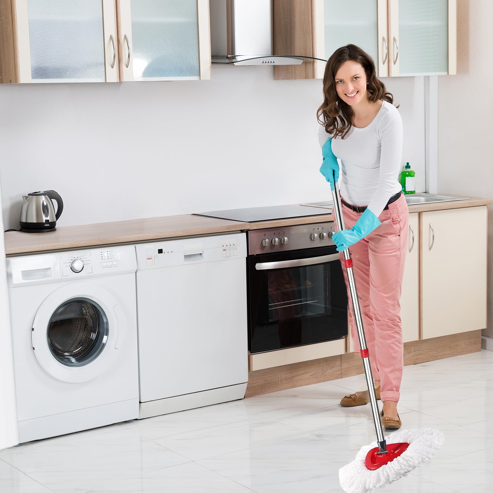 Cabezal de repuesto para fregona giratoria compatible con O Cedar EasyWring Spin Mop - 4 recambios de fregona O-Ceda, mango de fregona de 30-58 pulgadas, 1 base de fregona y 1 juego de cepillo para