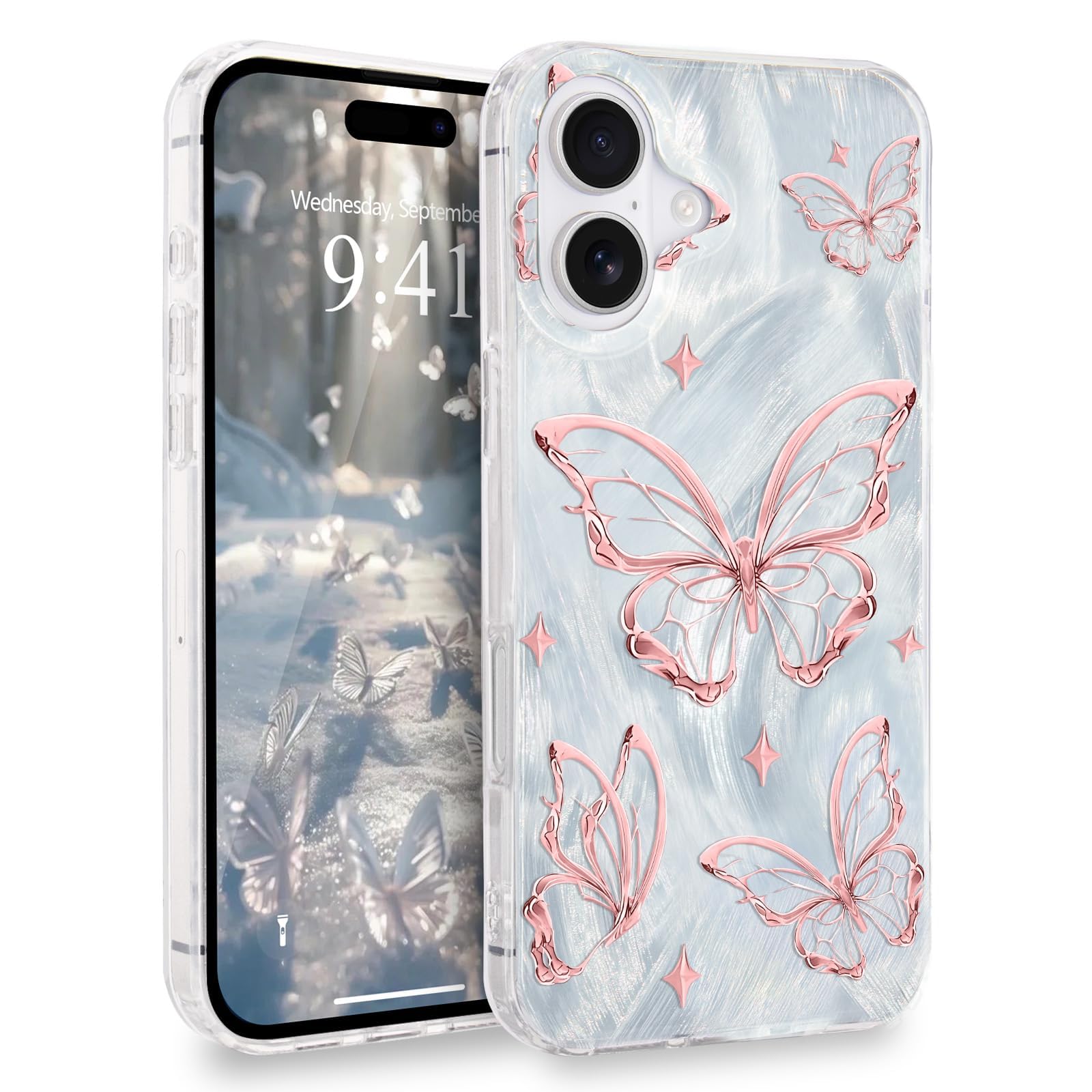 L-FADNUT for iPhone 16 Case for Women Girls Shiny Silver Butterfly Design,Cute Trendy Soft Slim TPU Shockproof Protective Phone Case Cover for iPhone