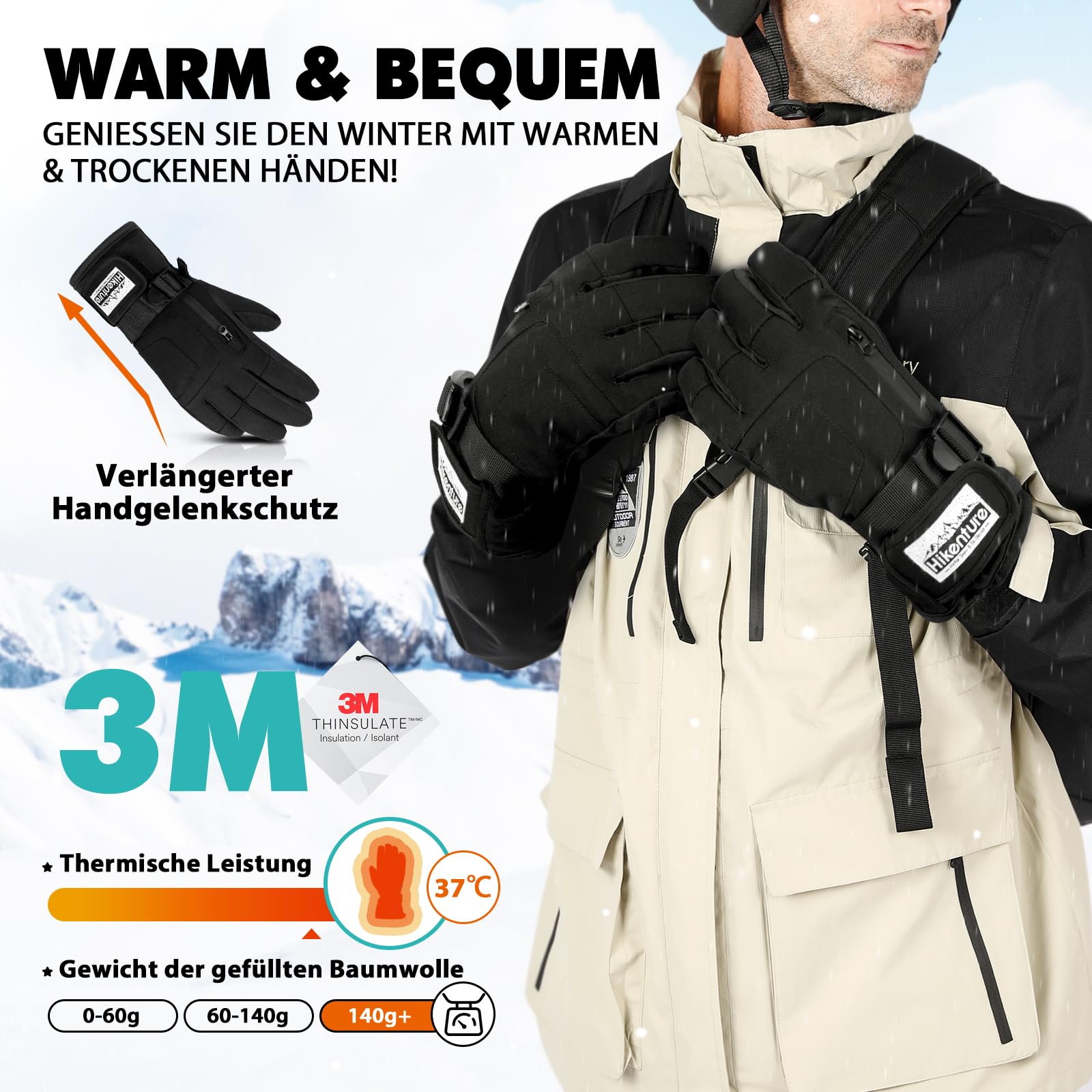 HIKENTURE Winterhandschuhe Herren Damen, 3M Thinsulate Skihandschuhe, wasserdichte Handschuhe Winter Warm, Winddichte Touchscreen Snowboardhandschuhe für Skifahren, Radfahren, Motorrad, Laufen