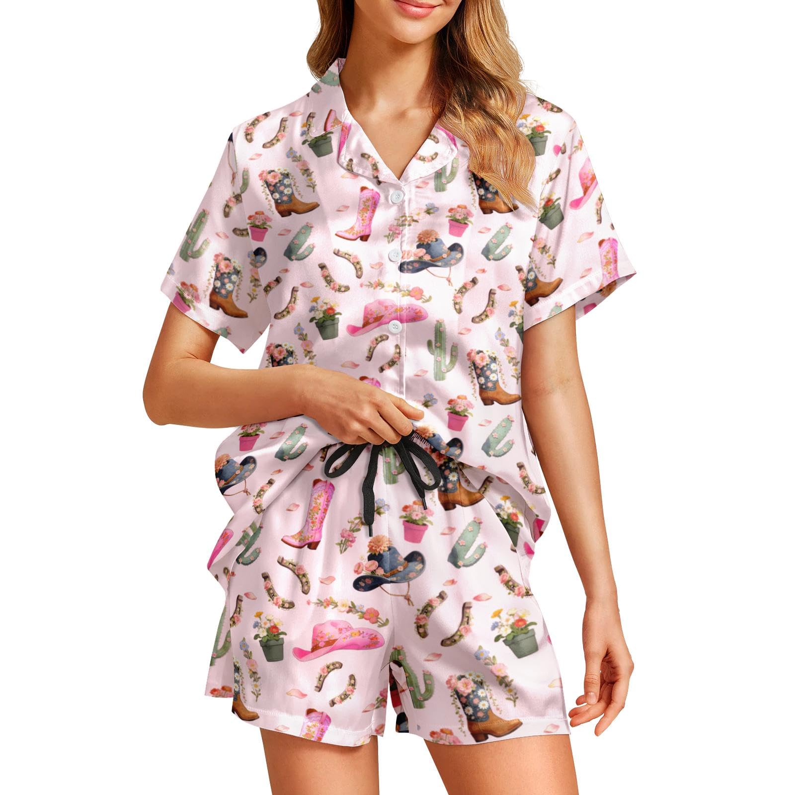 Funny Pajamas for Women Set Print Satin Loungewear Pjs Short Sleeve Button Down Top and Shorts Sets Sleepwear XS-3XL