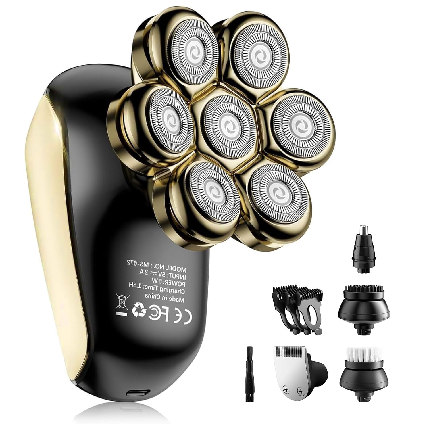 Detachable Head Shavers, SHPAVVER 5 in 1 Electric Razor IPX7 Waterproof for Bald Men, Wet Dry LED Display Rechargeable 7D Rotary Shaver Grooming Kit with Type C Charge A