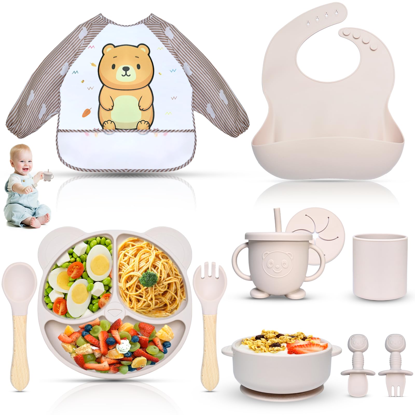 Juego de vajilla de silicona para bebé, 11 piezas: platos, antideslizantes, ventosa, cuenco, babero, cuchara, tenedor, vaso, sin BPA, beige