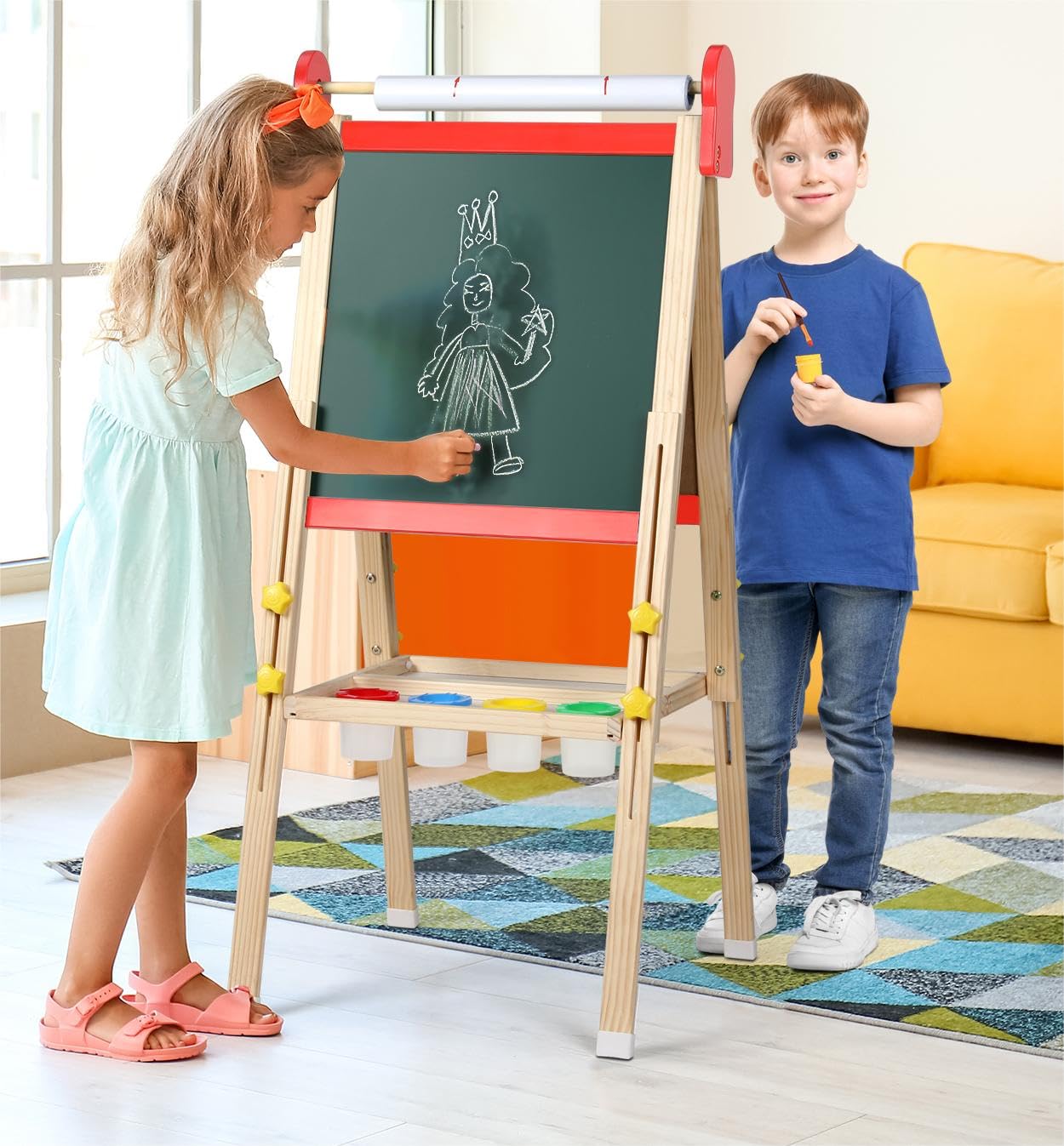 Cavalletto per bambini 3-1, lavagna magnetica e lavagna bianca, pittura su carta, grande contenitore con borsa in tela, set per pittura con colori a dita, gessetti, magneti con numeri e lettere, blu