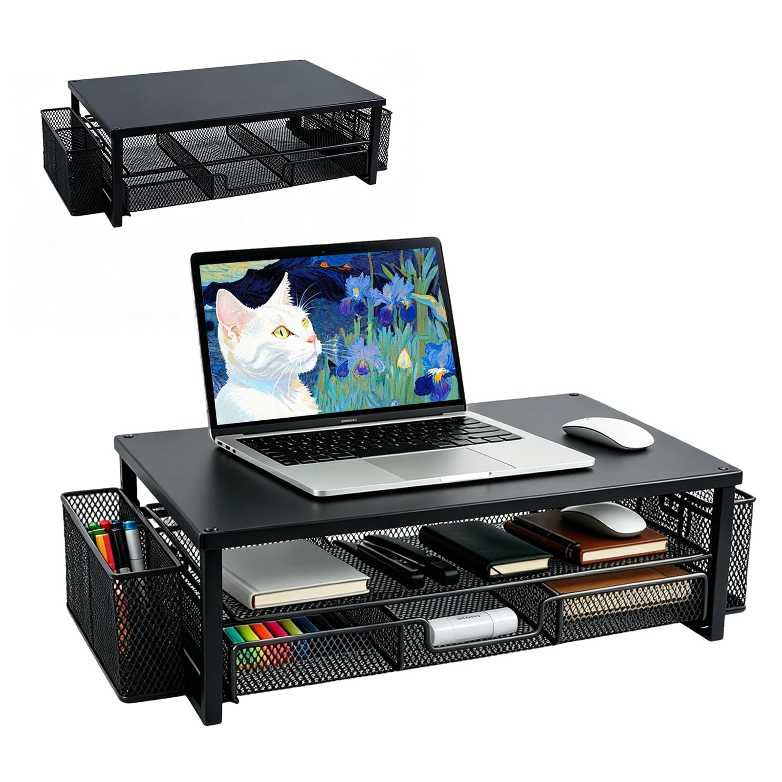 Supporto per monitor con cassetto, supporto per monitor a 2 livelli con organizer da scrivania e 2 portapenne, supporto ergonomico da scrivania per display, laptop e