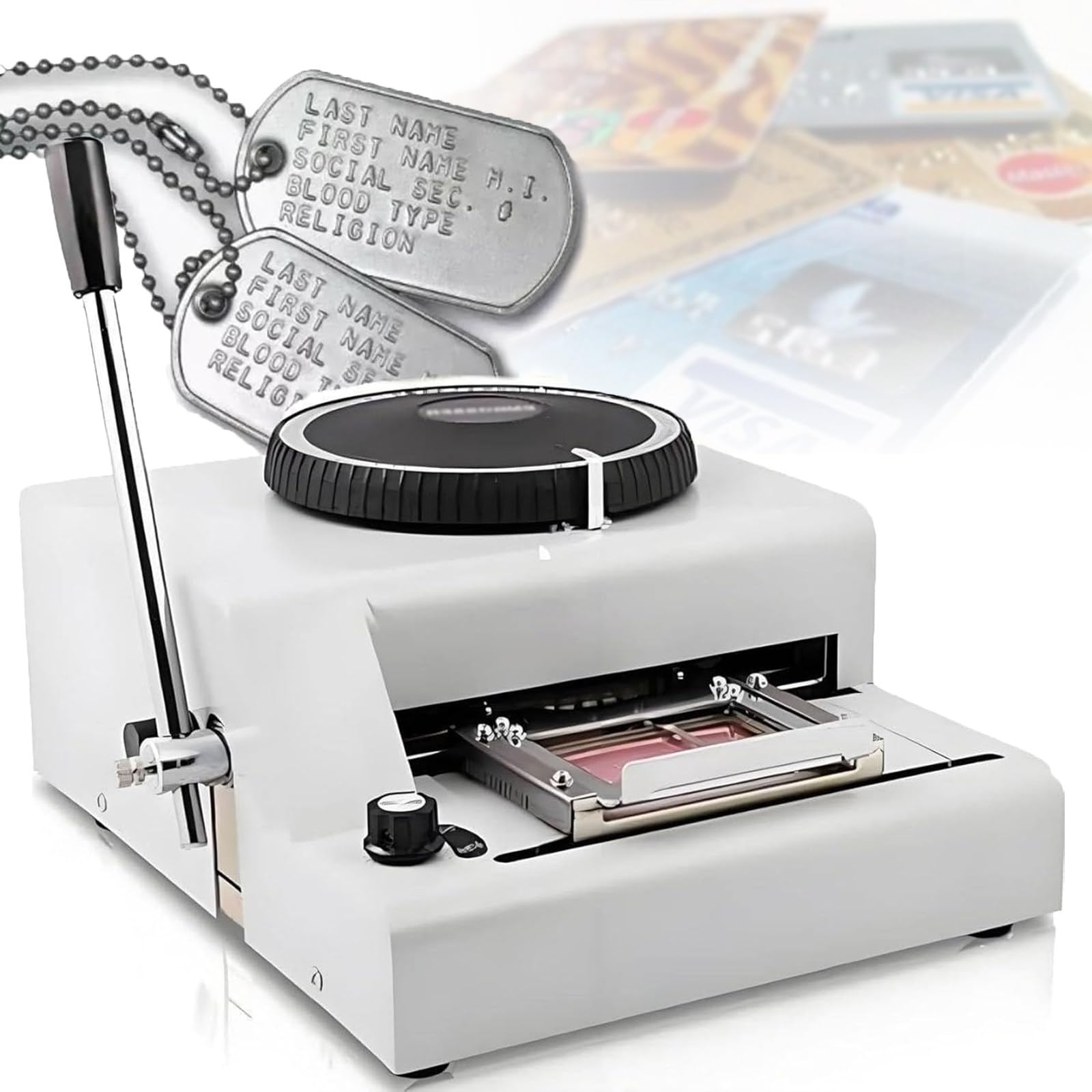 Atwynd Aluminium Sign Metal Embossed Labels, Stainless Steel Dog Tag Printer, Embossing Machine for PVC Cards - Create Loyalty, Transport, and Credit Cards - 72 Character Capacity