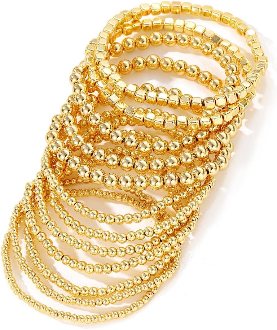 Gold Beaded Stackable Bracelet Set for Women Multilayer Beaded Stretch Bracelet Adjustable Round Beads Bracelets Golded Statement Jewelry Gift for Women - Image 3