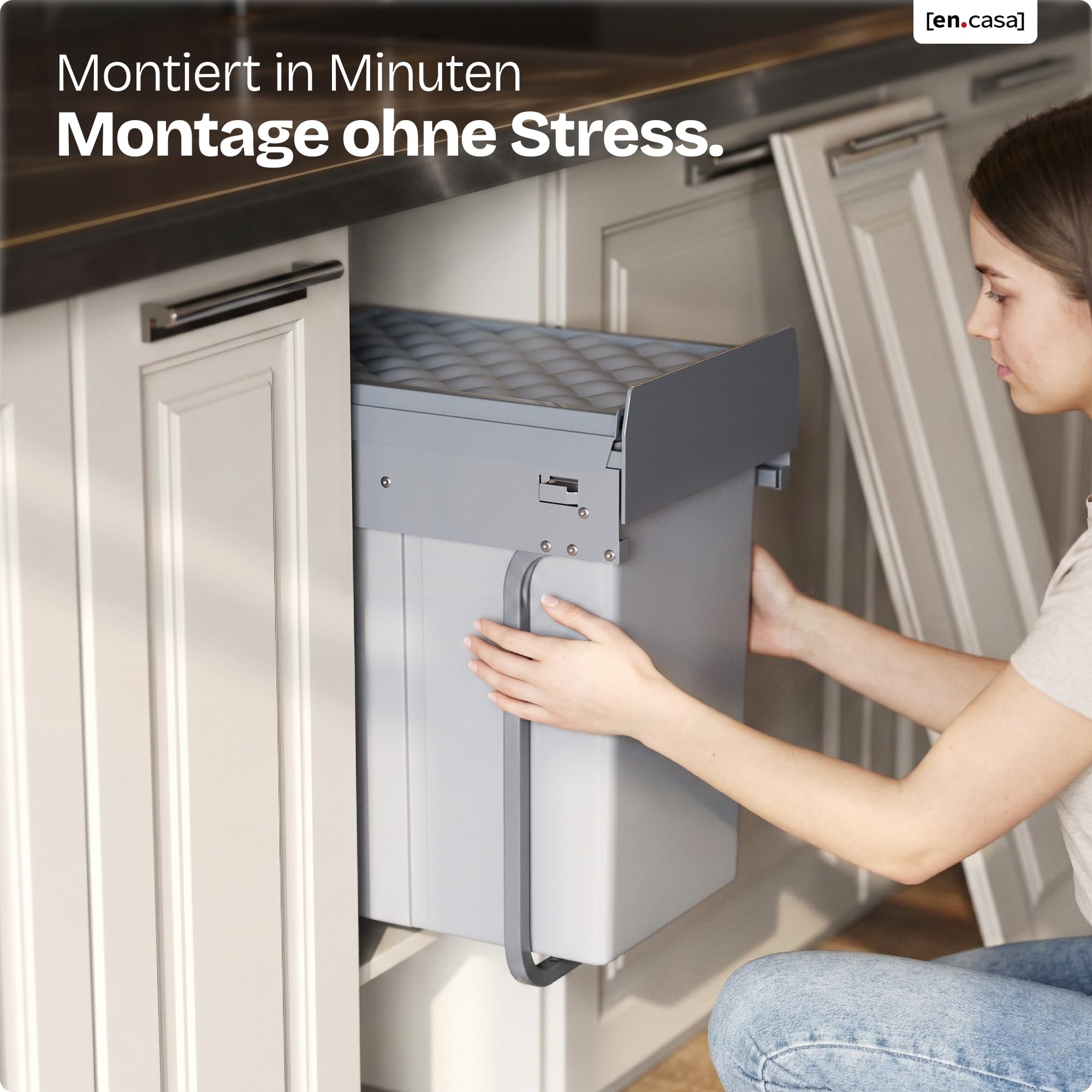 [en.casa] Einbaumülleimer Froland Mülleimer 3 Fächer Mülltrennsystem ausziehbar Abfalleimer Küche 2x10L+1x20L herausnehmbare Behälter 48 x 34 x 42 cm Küchenmülleimer Grau