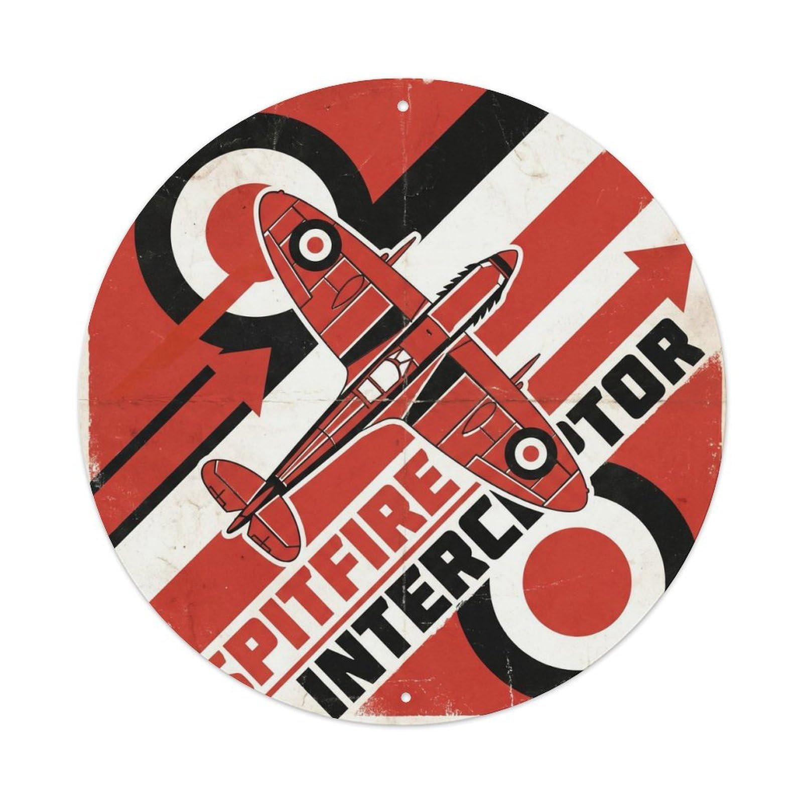 Constructivist Red Spitfire Fighter Aircraft British WWII Metal Tin Sign Plaque Wall Decor for Cafe, Man Cave, Club Bar, Office, Home Garden Round Metal Poster 8x8Inch