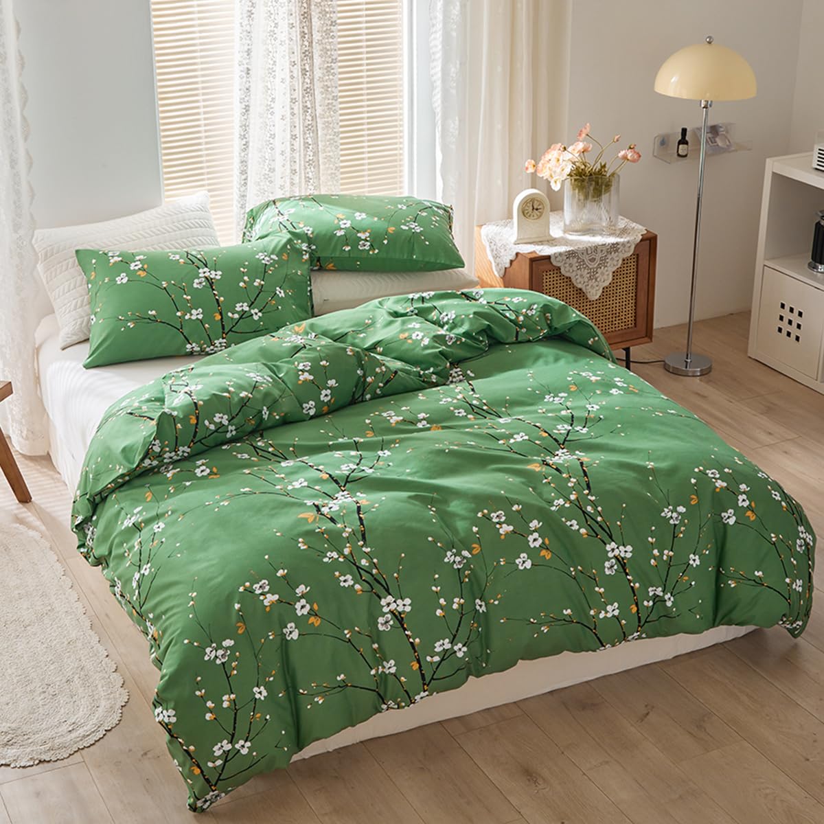 STYHO Floral Single Duvet Cover Sets Green Plum Blossom Flowers Bedding Set Soft Reversible Farmhouse Botanical Branch Printed Quilt Covers with Pillowcase(Green - Image 2