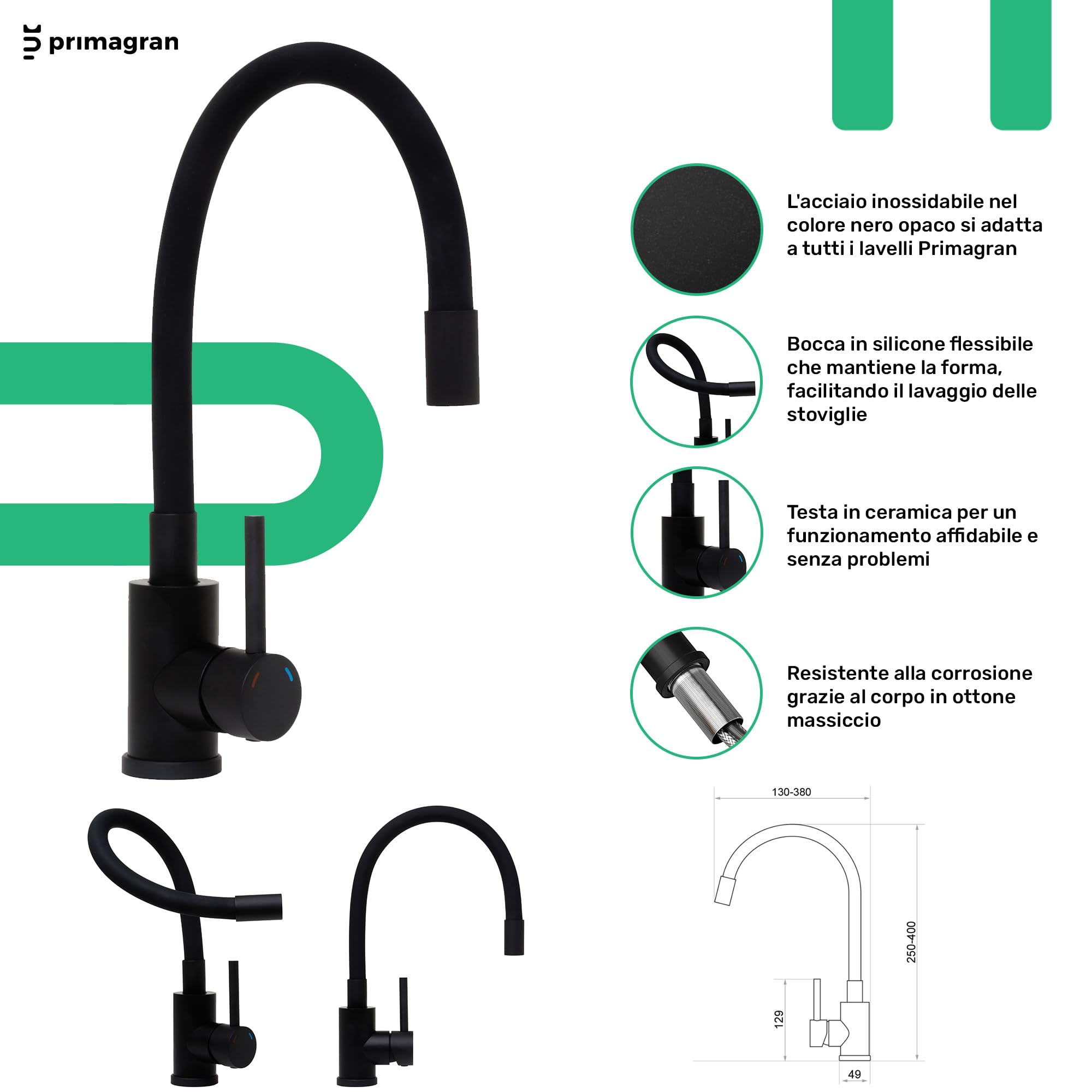 PRIMAGRAN Lavandino da Cucina Nero 90x50cm, Lavello in Granito a 1,5 vasche + Rubinetto 40x38cm + Set di accessori, Lavabo da Cucina Incasso al Mobile 60cm - Copenhagen Duo S027