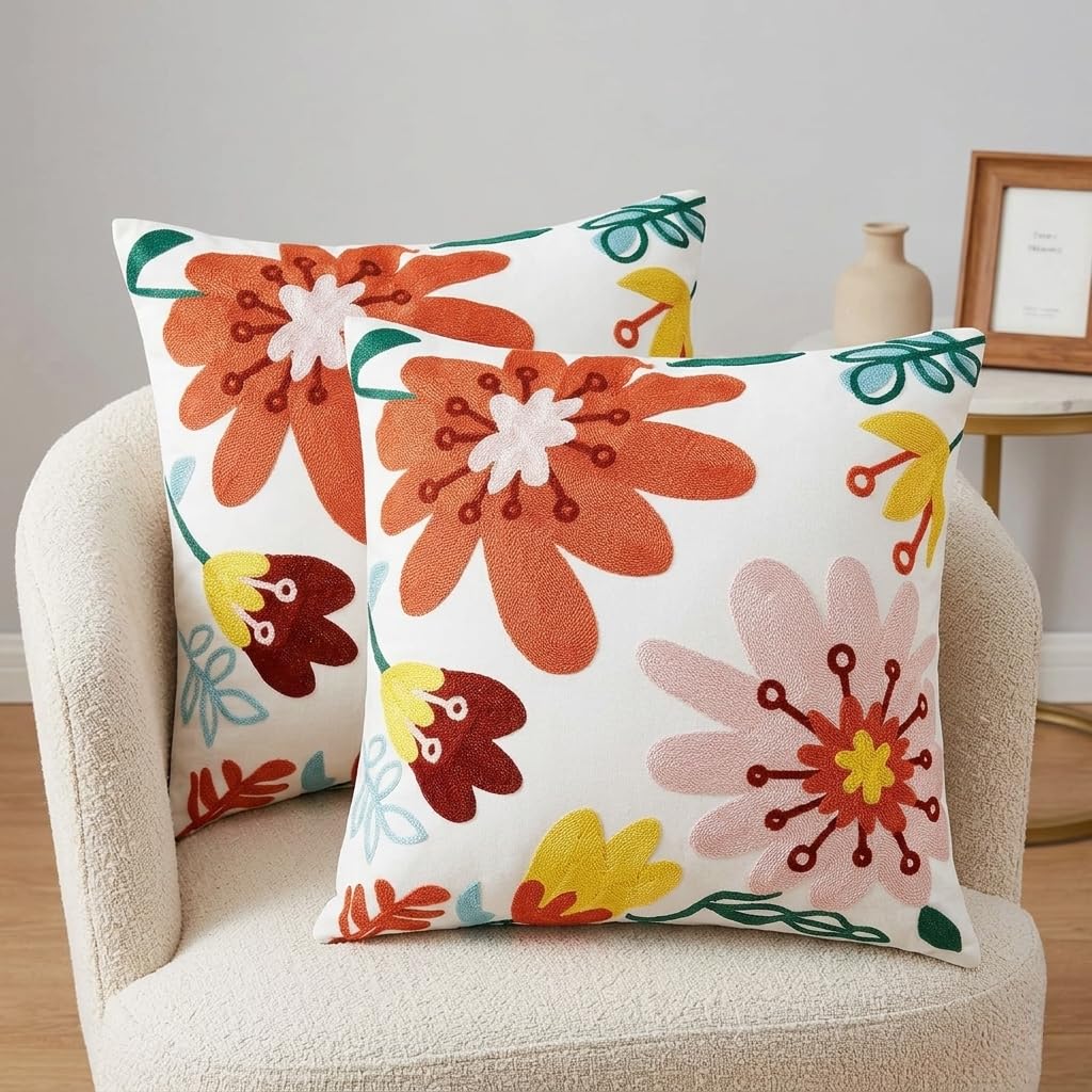 Fundas Cojín 45x45 cm Lote de 2 Bordado Floral Abstracto en Naranja Fundas Decorativas Boho-Chic para Sofá y Salón