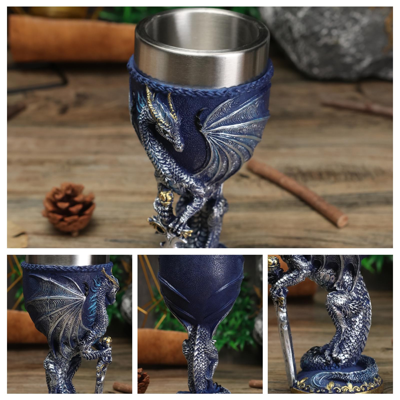 Mittelalter Drache Kelch, Gotischer Drachen Kelch, Goblet Resin Wine Cup with Stainless Steel Lining,Fantasy Dungeons and Dragons Chalice,200 ml (Blauer Schwert-Drache)