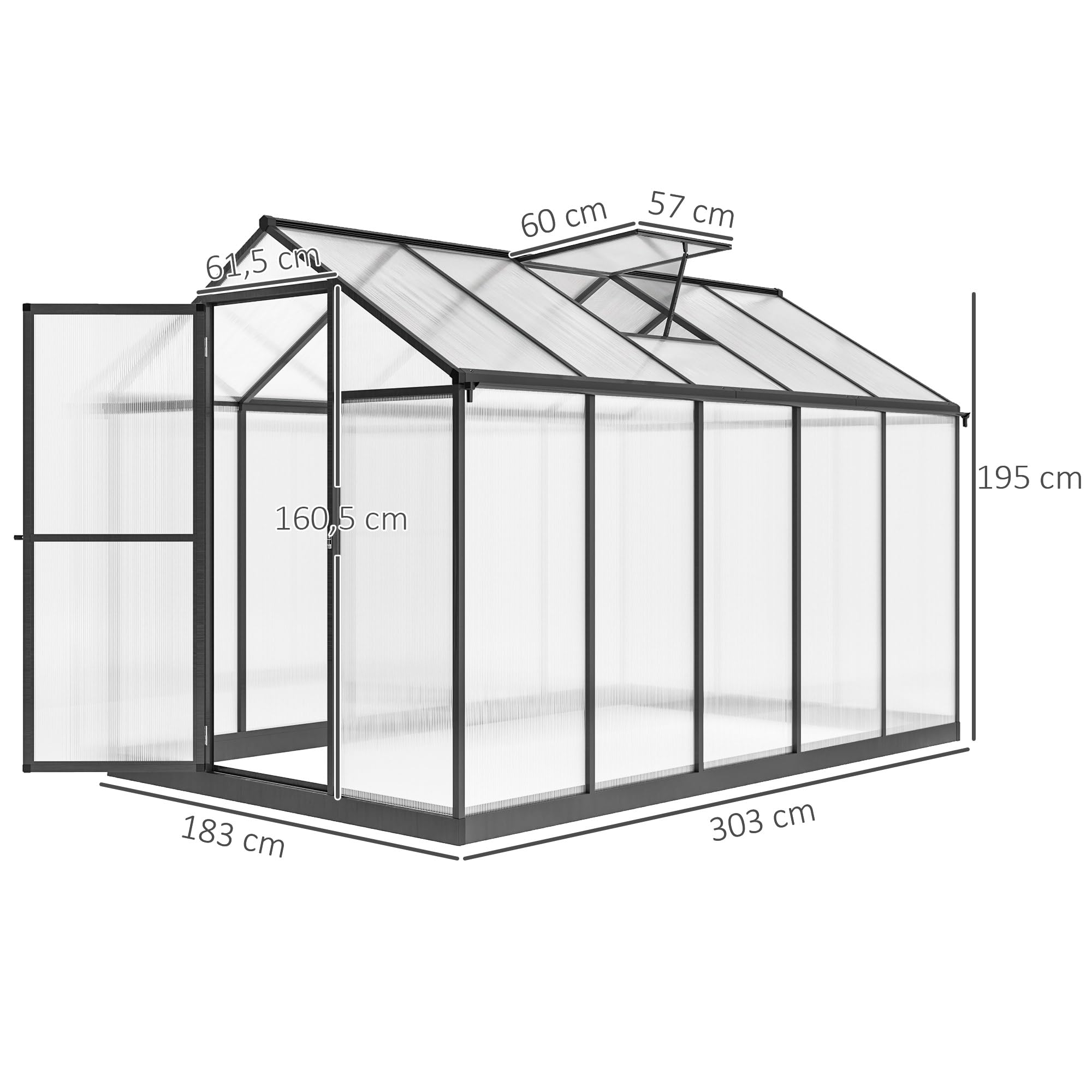 Outsunny Serre de Jardin en Aluminium Polycarbonate, Serre avec fenêtres supérieures réglables, Porte battante, abri extérieur résistant aux intempéries pour Plante Fleur, 303x183x195 cm, Transparent