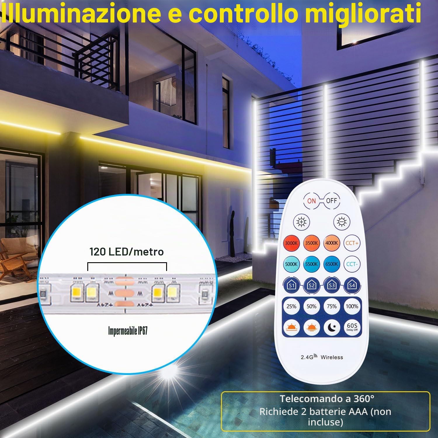 Striscia Led 30M Esterno IP67 Impermeabile Da Bianco Caldo a Bianco Freddo, Striscia Led Alexa Dimmerabile 24v Bianca senza fili, Striscia Led Alta Luminosità Adesive Per Luci Esterne, Cucina