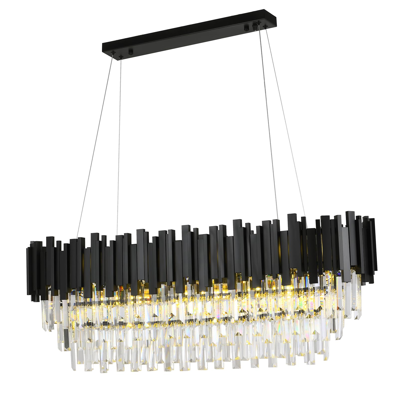 Black Crystal Chandelier 40 In Modern Linear 11 Light 3-Tier Transparent Crystal Design, Farmhouse Ceiling Fixture for Dining Room & Kitchen Island,
