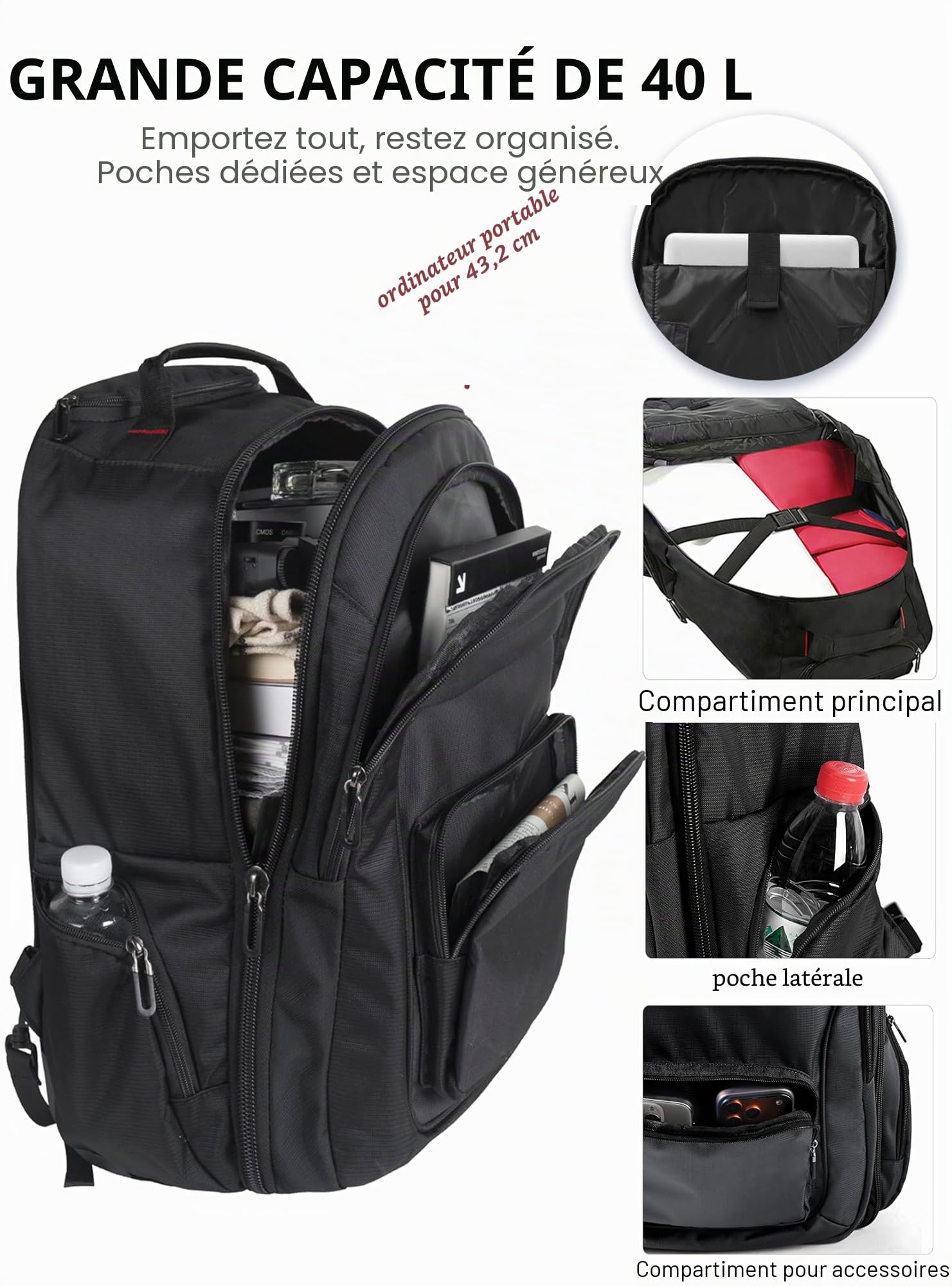 Sac à Dos à Roulettes 17,3 Pouces Bagage à Main Ordinateur Portable Noir Voyage