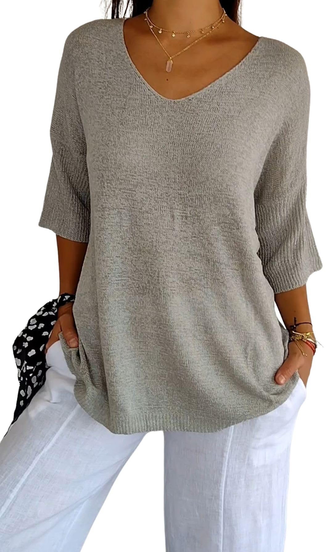 Womens Fall V Neck Sweaters Casual Loose 3 4 Sleeve Lightweight Knit Pullover Jumper Ladies Thinly Tops