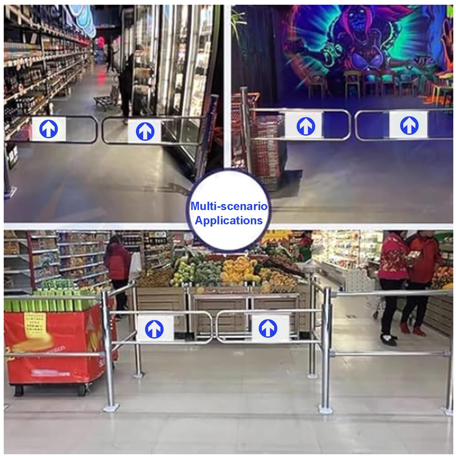 Automatyczna brama skrzydłowa z odbiciem ze sprężyną, 1-drożne drzwi dla pieszych ze słupkiem, stal nierdzewna, do przejścia sklepu fabrycznego supermarketu