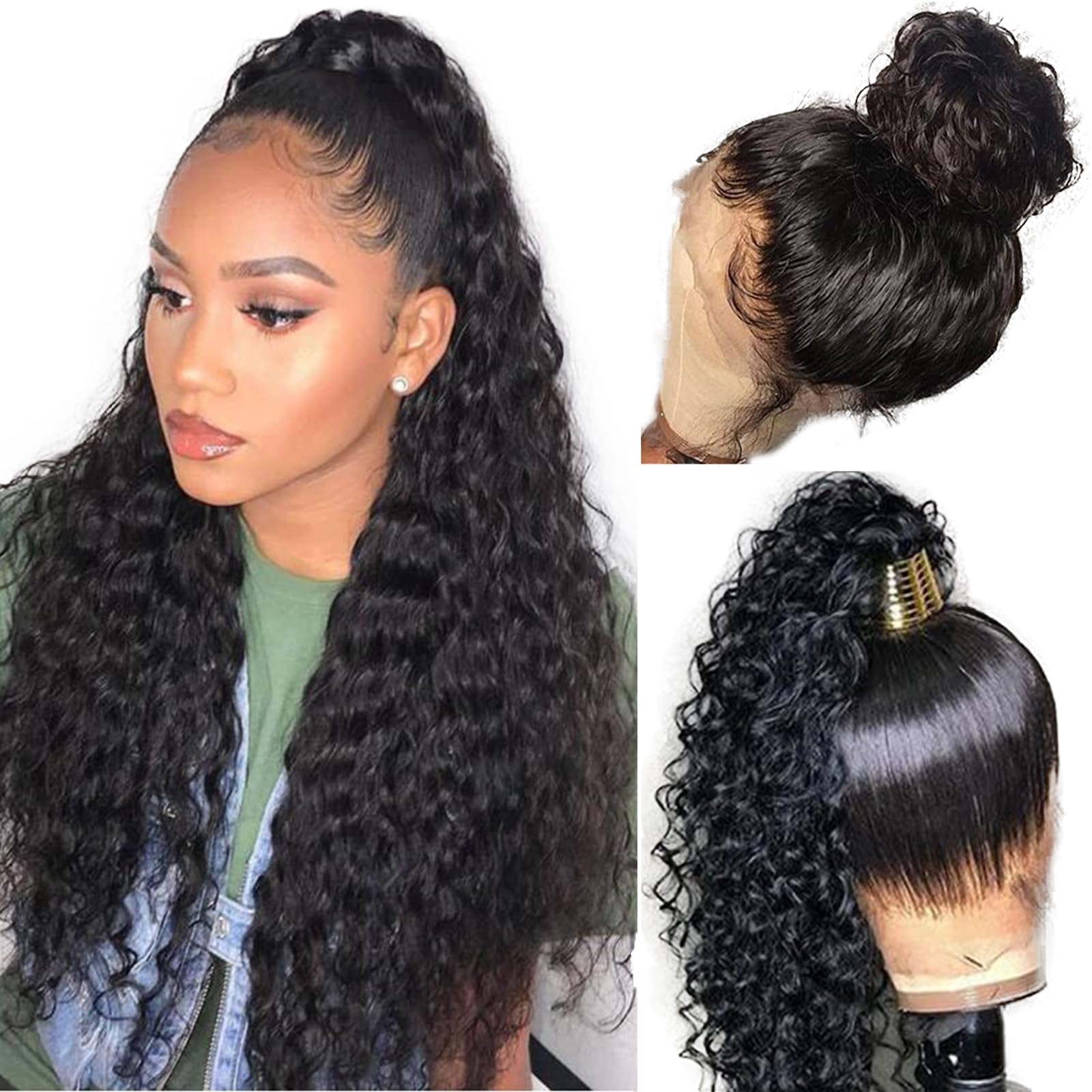 12A Grade Hidden Strap 360 Drawstring HD Full Lace Front Wigs Human Hair,Invisible Strap Pre Plucked Pre Cut,Deep Wave 360 Frontal Glueless Wig Human Hair Can Make Pontail&Bun True To Length 24 Inch