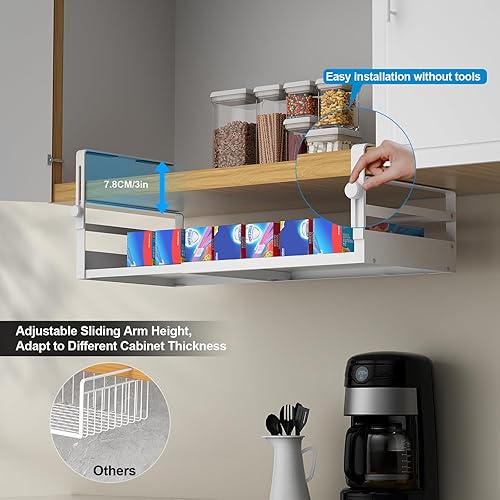 Miniatura 3 de Paquete de 2 cestas organizadoras debajo del estante, almacenamiento ajustable debajo del gabinete, longitud del soporte colgante elástica de 13 a