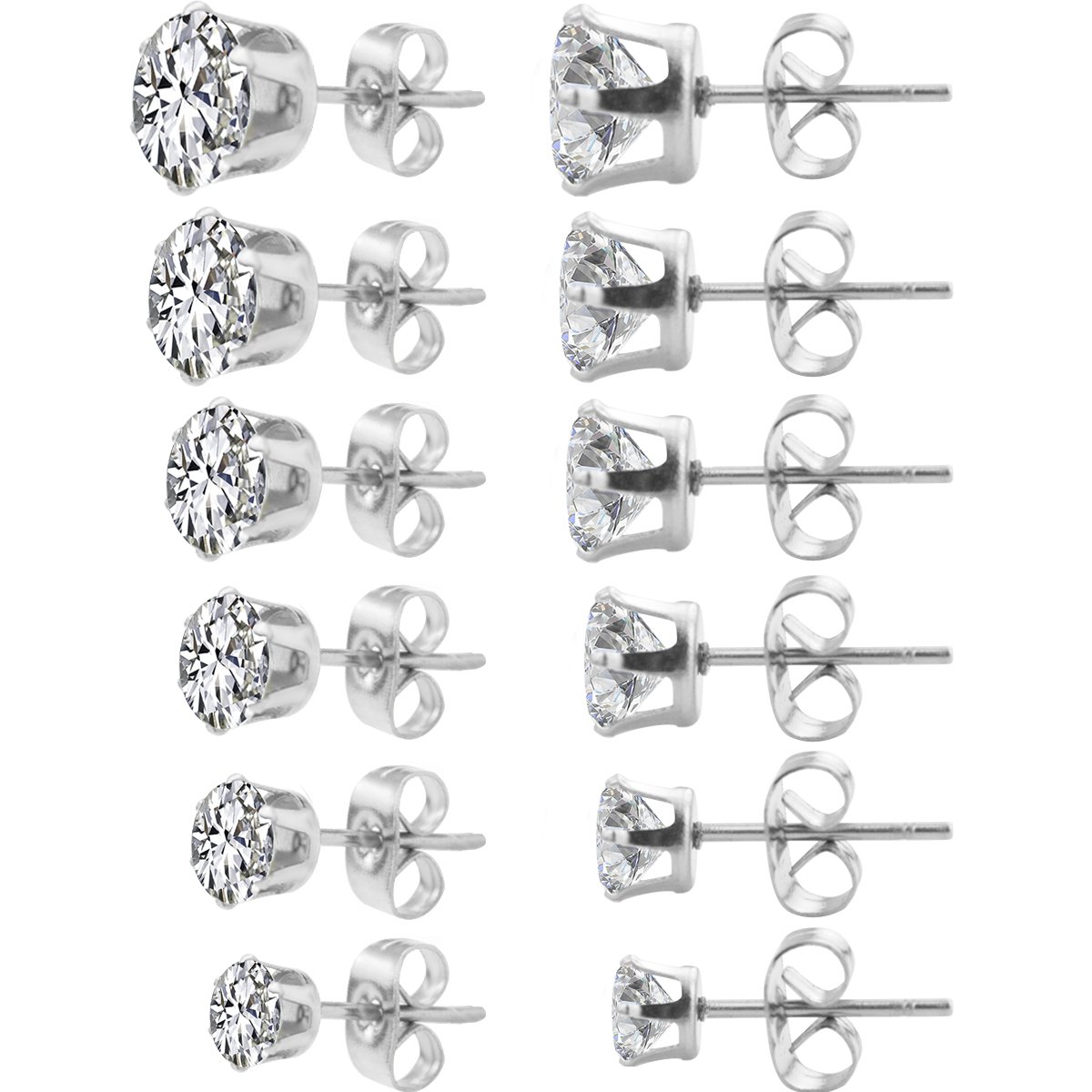 6 pares, pendientes colgantes de acero inoxidable para mujer, diamante incrustado de circona cúbico y redondo transparente, joya, pendientes perforados hipoalergénico con estrás 0.1 pulgada - 0.3 pulgada unisex, para jóvenes y mujeres, plata