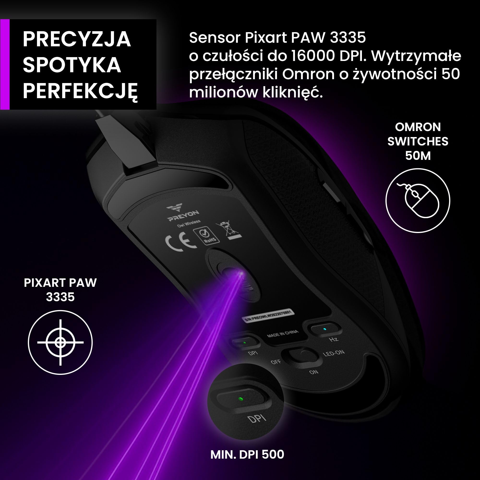 PREYON Mysz Gamingowa z Kablem 1,8 m Bezprzewodowa do Komputera Myszka z Programowalnymi Przyciskami Podświetleniem RGB 2.4 GHz USB Lekka 85 g Czujnik 16K DPI – Owl Czarna