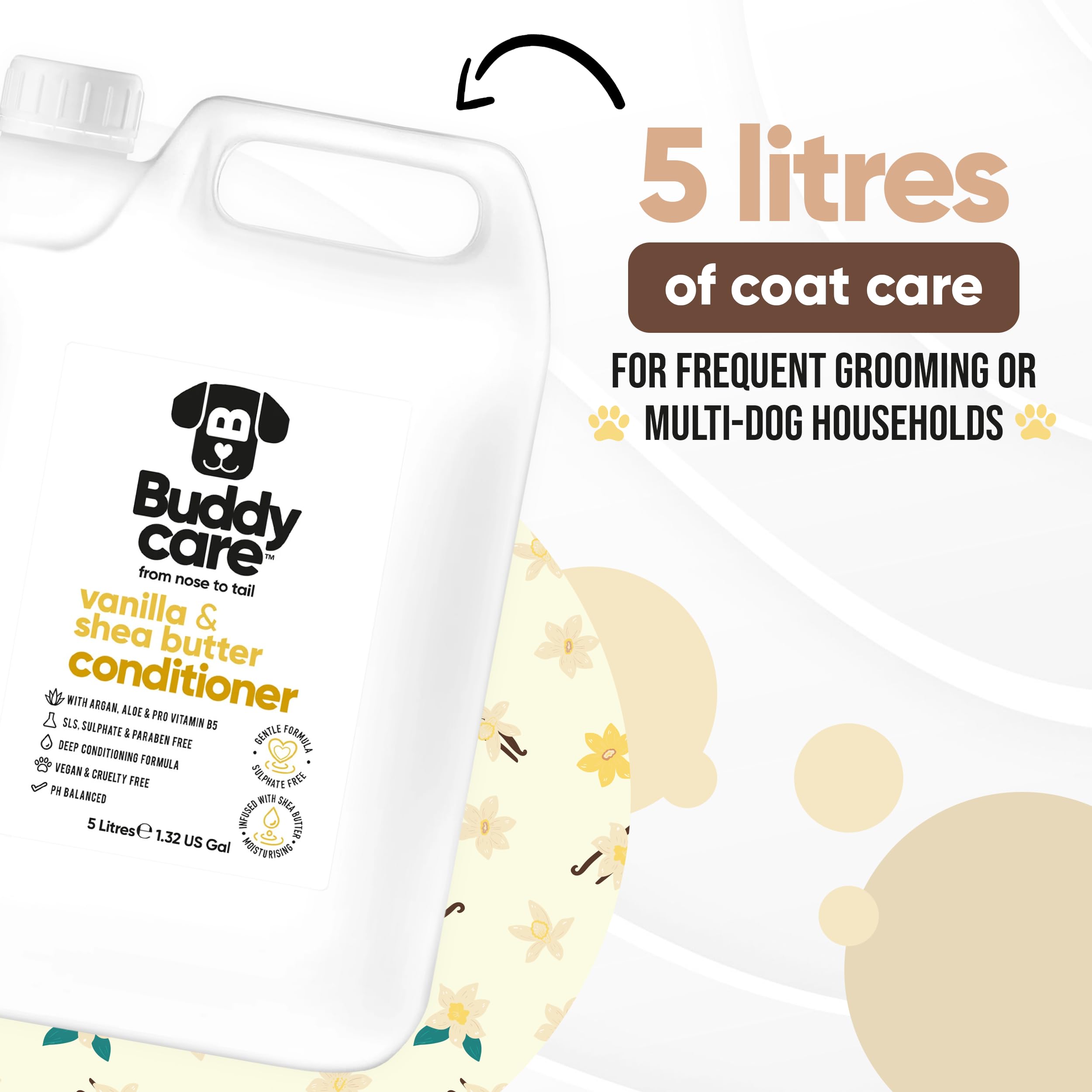 Vanille- und Sheabutter-Hundespülung von Buddycare - 5L - Vanille- und Sheabutter-duftende Welpenspülung mit Aloe Vera & Pro Vitamin B5