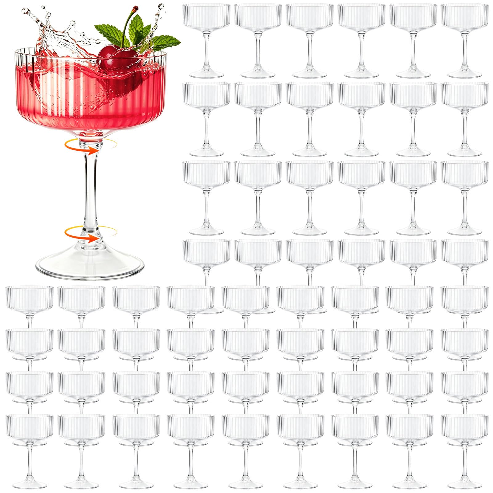 100 Pcs Plastic Martini Glasses Disposable,10oz Ribbed Martini Glasses