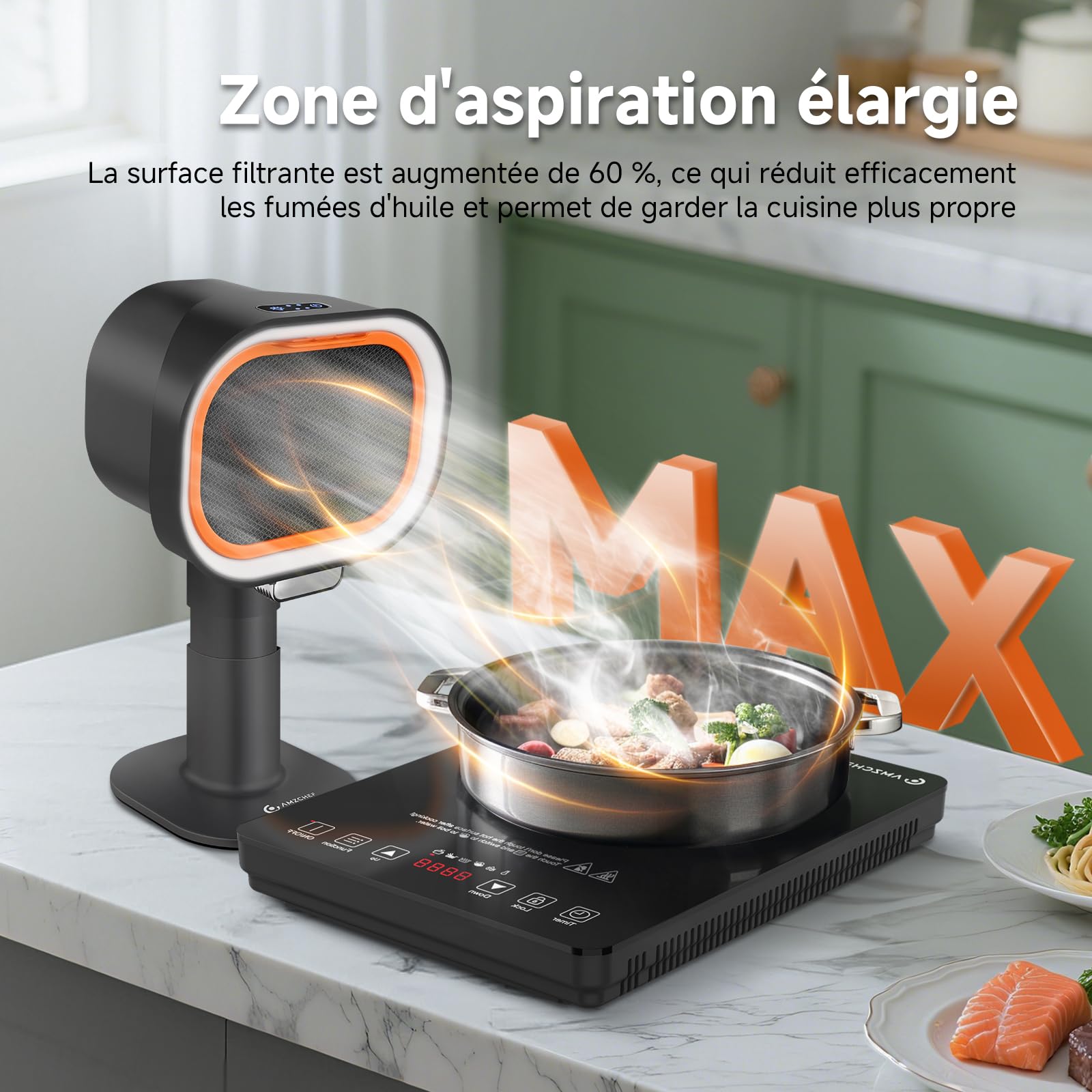 AMZCHEF hotte aspirante portable avec hauteur télescopique et inclinaison à 40°, 4 modes de vitesse, silencieuse, filtre en aluminium de grand calibre pour appartement/BBQ/RV, Noir - 5