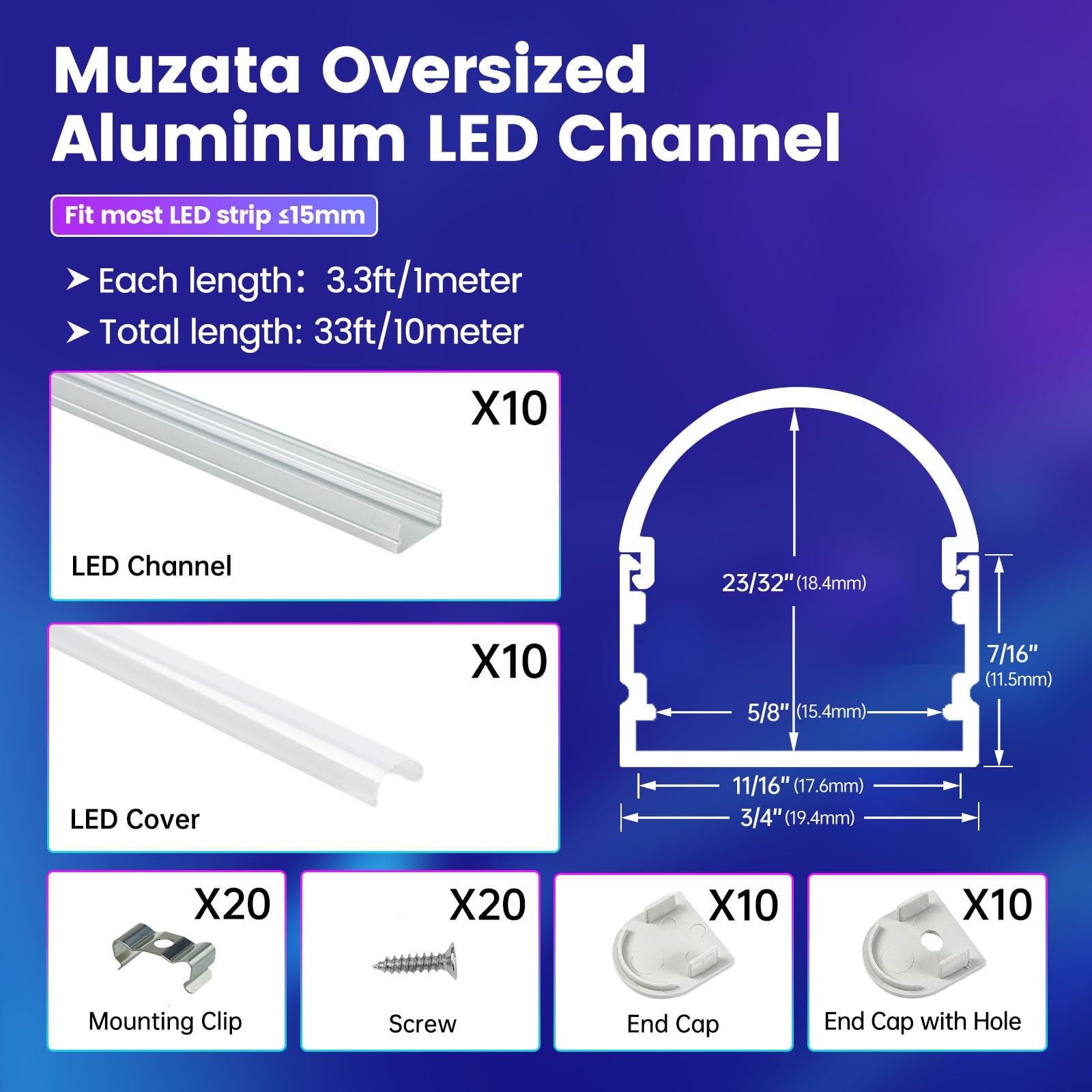 Muzata 5Pack 3.3FT/1M Upgraded Excellent Spotless LED Channel Silver Deeper LED Strip Diffuser Channel with Thicker Milky White Cover No Hot Spots U109 WW 1M