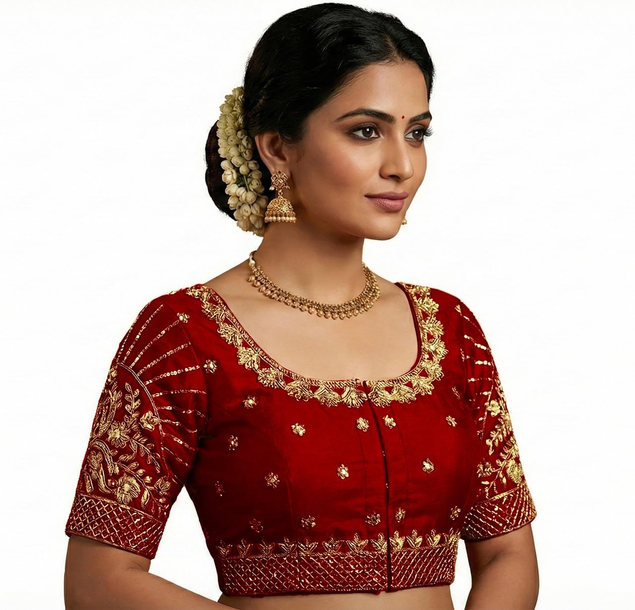 magicstyle creation Embroidery Blouse Golden Zari Work Front Hook Readymade Stitched Choli Round Neck Half Sleeve Designer Saree Blauj for Weddings & Festivals-picture-18