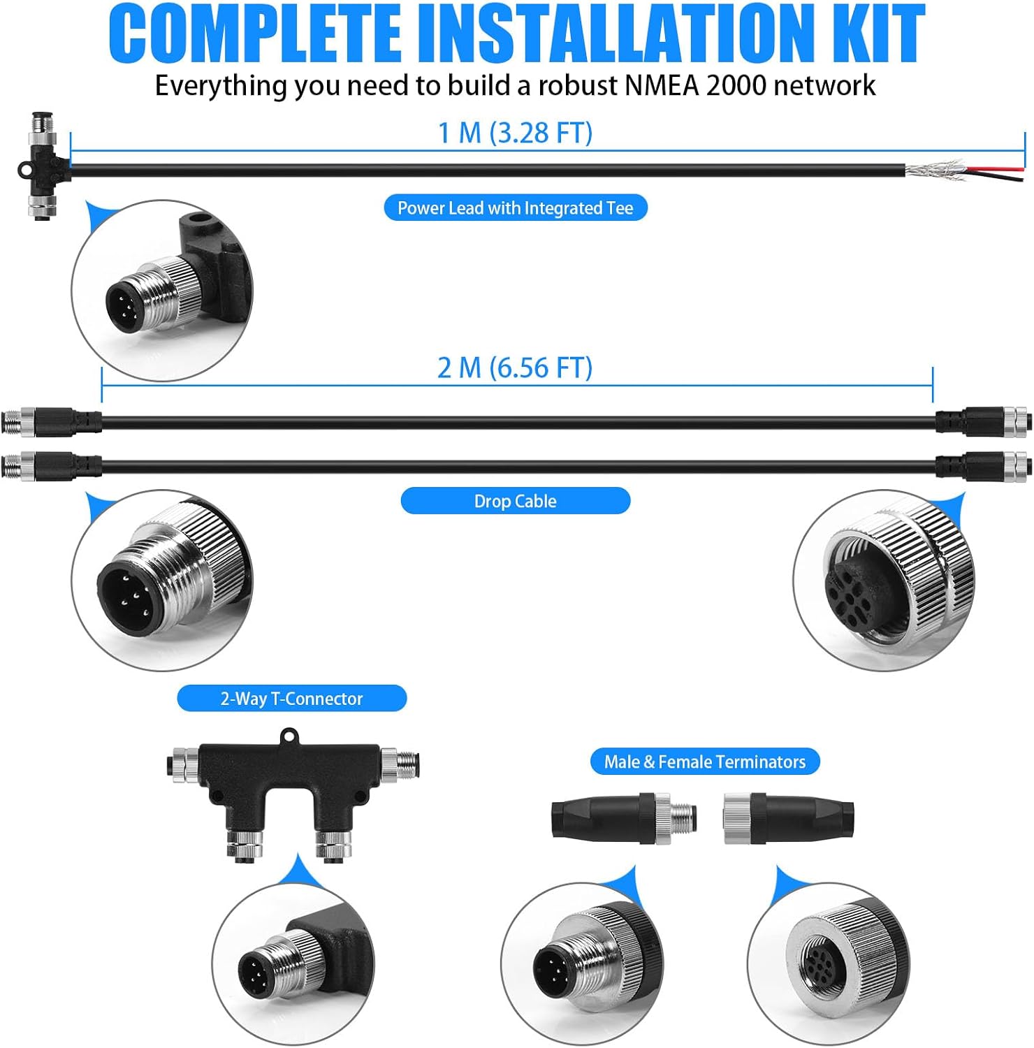 Metal Shielding NMEA 2000 Starter Kit - Marine Grade N2K Backbone & Drop Cable Kit with Tees & Terminators, Compatible with Garmin, Lowrance, Simrad, B&G, Navico for NMEA 2000 Network