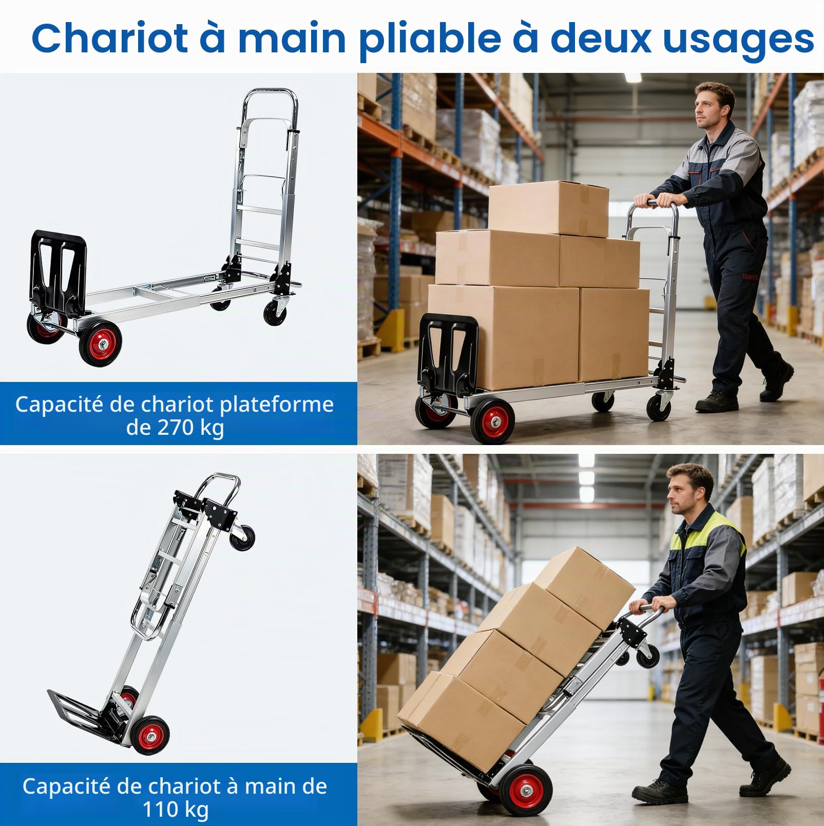 Diable Pliant, Chariot de Manutention Pliable Multifonctionnel et Robuste