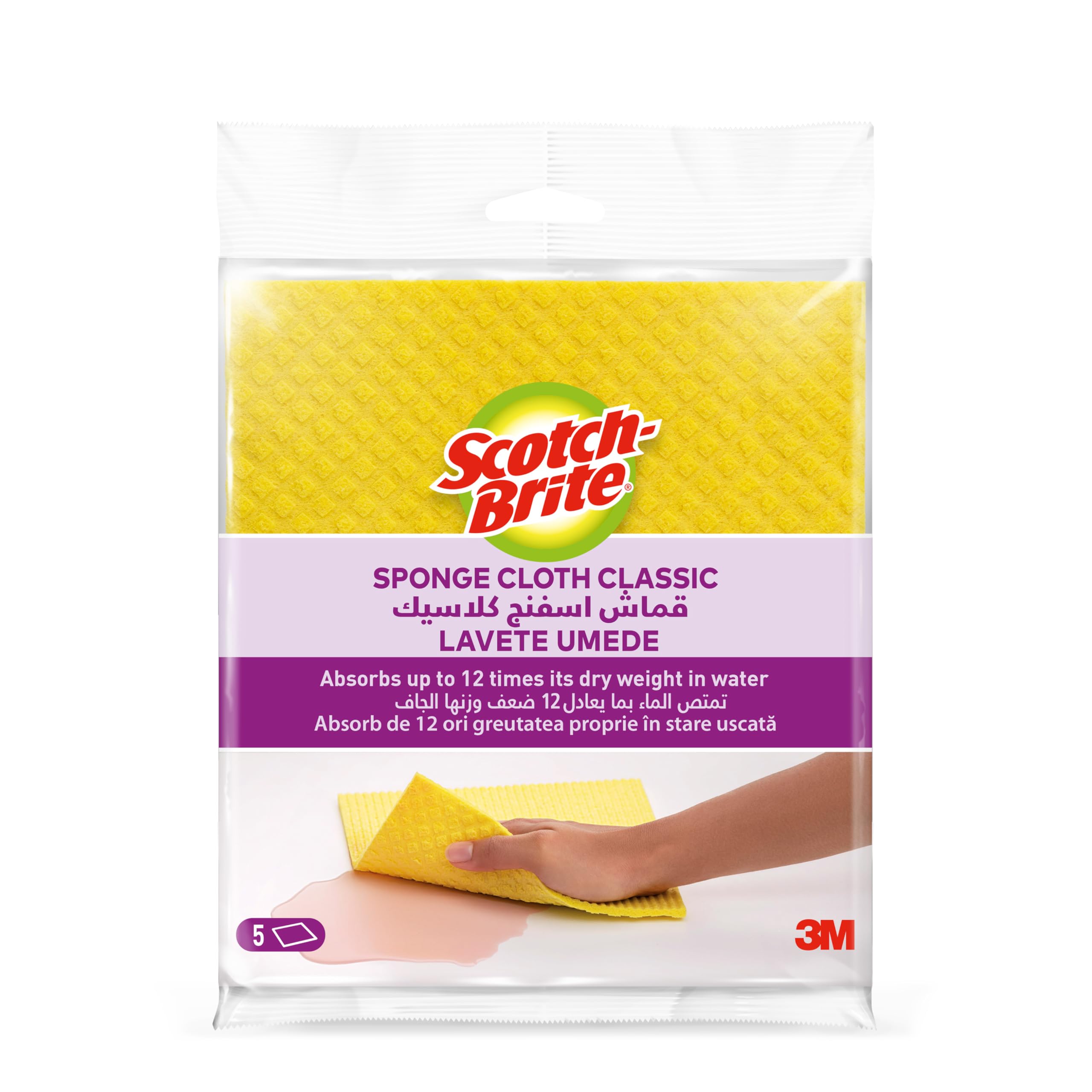 Scotch Brite Sponge Cloth Classic, Mix colours, 5 pack, - Ideal Everyday Washing up Sponge for Kitchen, Bathroom, and Household, use on Non-Stick Cookware and Glass