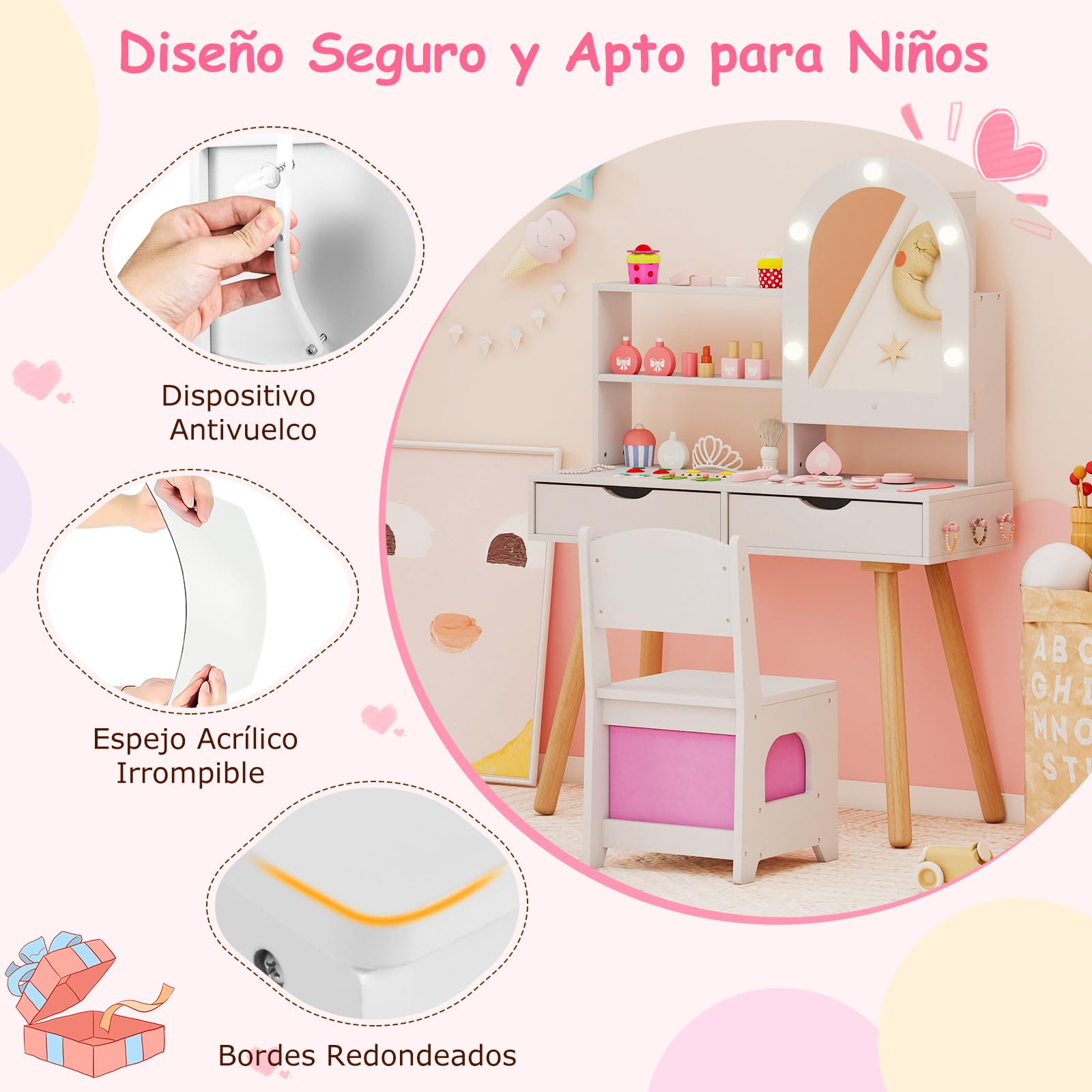 COSTWAY Tocador de Maquillaje Niña, Tocador Niña Madera con Espejo Iluminado, Estantes Abiertos y Cajones de Almacenamiento, Juego de Mesa de Maquillaje Estilo Conejito para Niños de 3+ Años (Blanco)