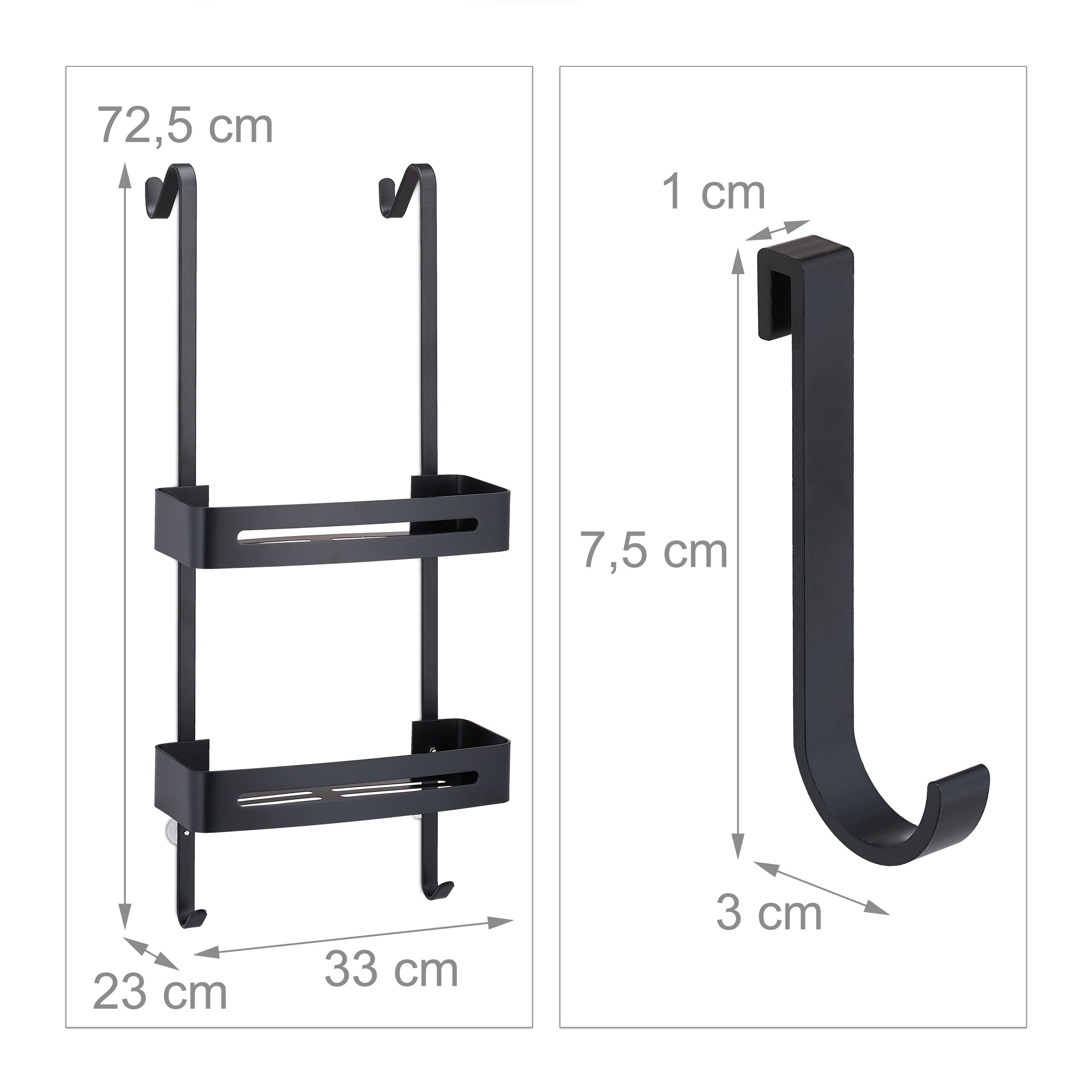 Relaxdays Estante Ducha para Colgar, 2 Cestas, 8 Ganchos, Balda Baño sin Taladrar, Aluminio, Soporte Champú, Negro