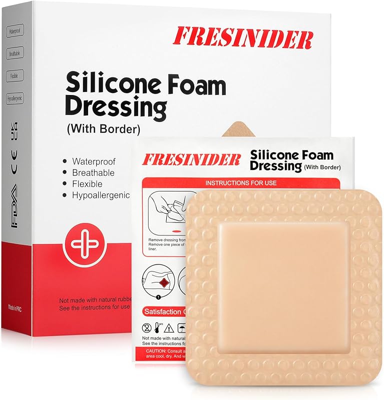 FRESINIDER Apósito de espuma de silicona con borde adhesivo – Vendaje para heridas – Almohadilla de espuma de silicona – Paquete de 10 – Vendajes impermeables grandes de 3 x 3 pulgadas – Apósitos y cuidado de heridas autoadhesivos