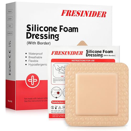 FRESINIDER Silicone Foam Dressing with Adhesive Border – Wound Dressing Bandage – Silicone Foam Pad – Pack of 10 – 3 x 3 Inches Large Waterproof Bandages – Self Adhesive Wound Care and Dressings