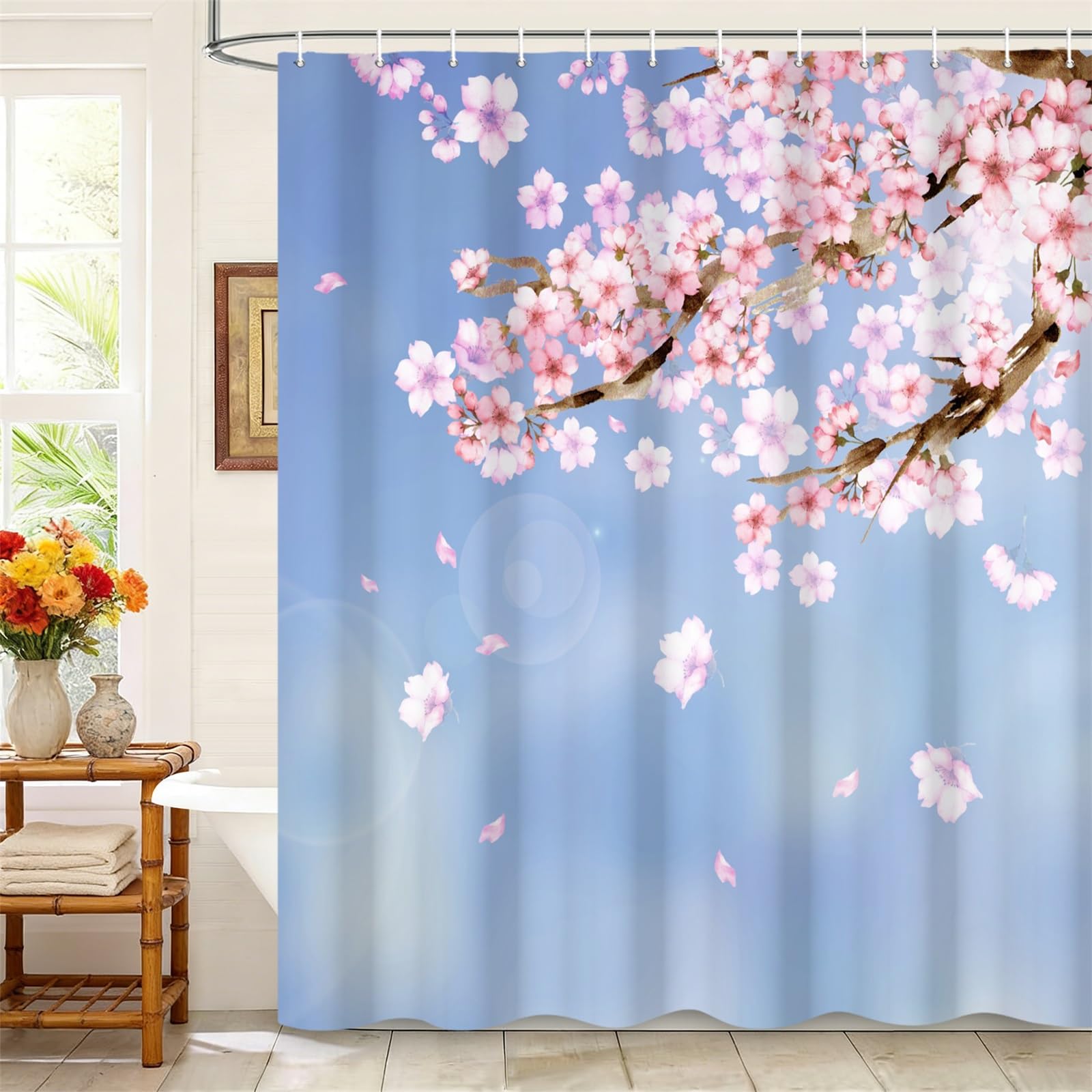 Kzzfqxb 183x198cm Floral Shower Curtains with Plastic Hooks, Pink Cherry Blossoms Branches in Clean Blue Sky Waterproof Occluded for Bathtub, Elegant Beautiful Polyester Fabric for Girls Bathroom
