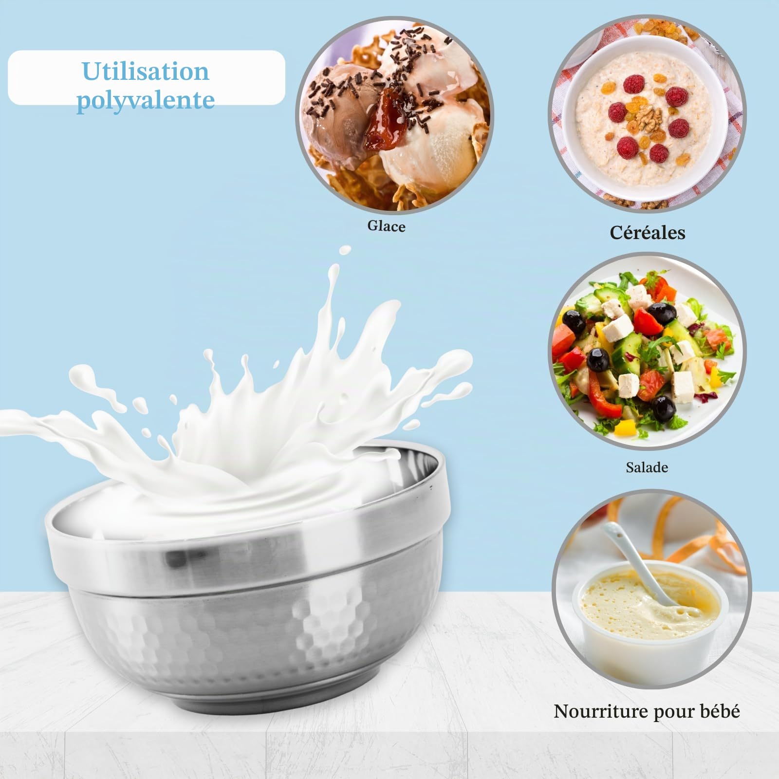 ZENFUN Lot de 6 bols en acier inoxydable 18/8 de 500 ml, bols à soupe isothermes à double paroi, bol à céréales de 12,7 cm pour riz, fruits, salade, crème glacée, qualité alimentaire