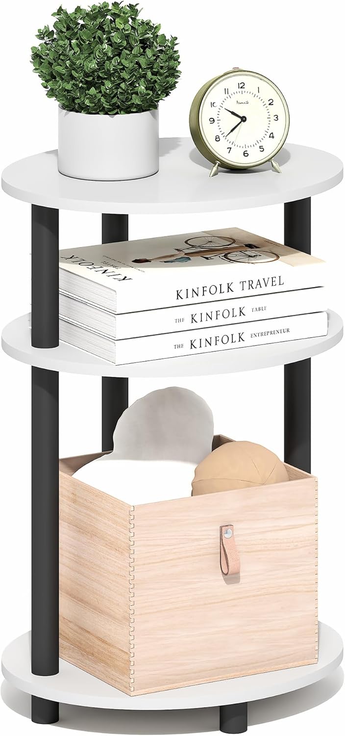 Furinno Turn-N-Tube Side Table, 3-Tier Oval End Table, Night Stand, Bedside Table, for Living Room, Bedroom, White/Black