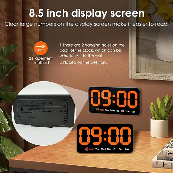 Digital Wall Clock 8.5 Inch Large Display LED Alarm Clock with Date Week Temperature Double Alarm 3 Levels Brightness Adjustable Countdown Clocks for Living Room Bedroom Classroom Kitchen (Orange)